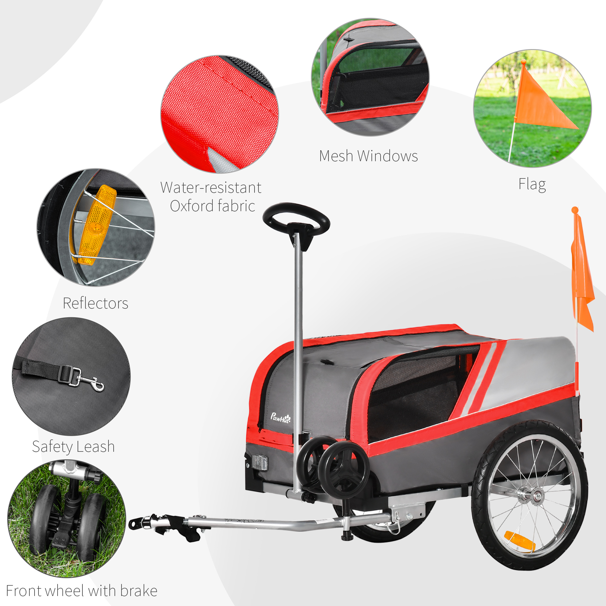PawHut Dog Bike Trailer Two-In-One Trolley Stroller Cart Bicycle Carrier for Cat Puppy Travel w/ Reflectors Red Flag â€“ Red