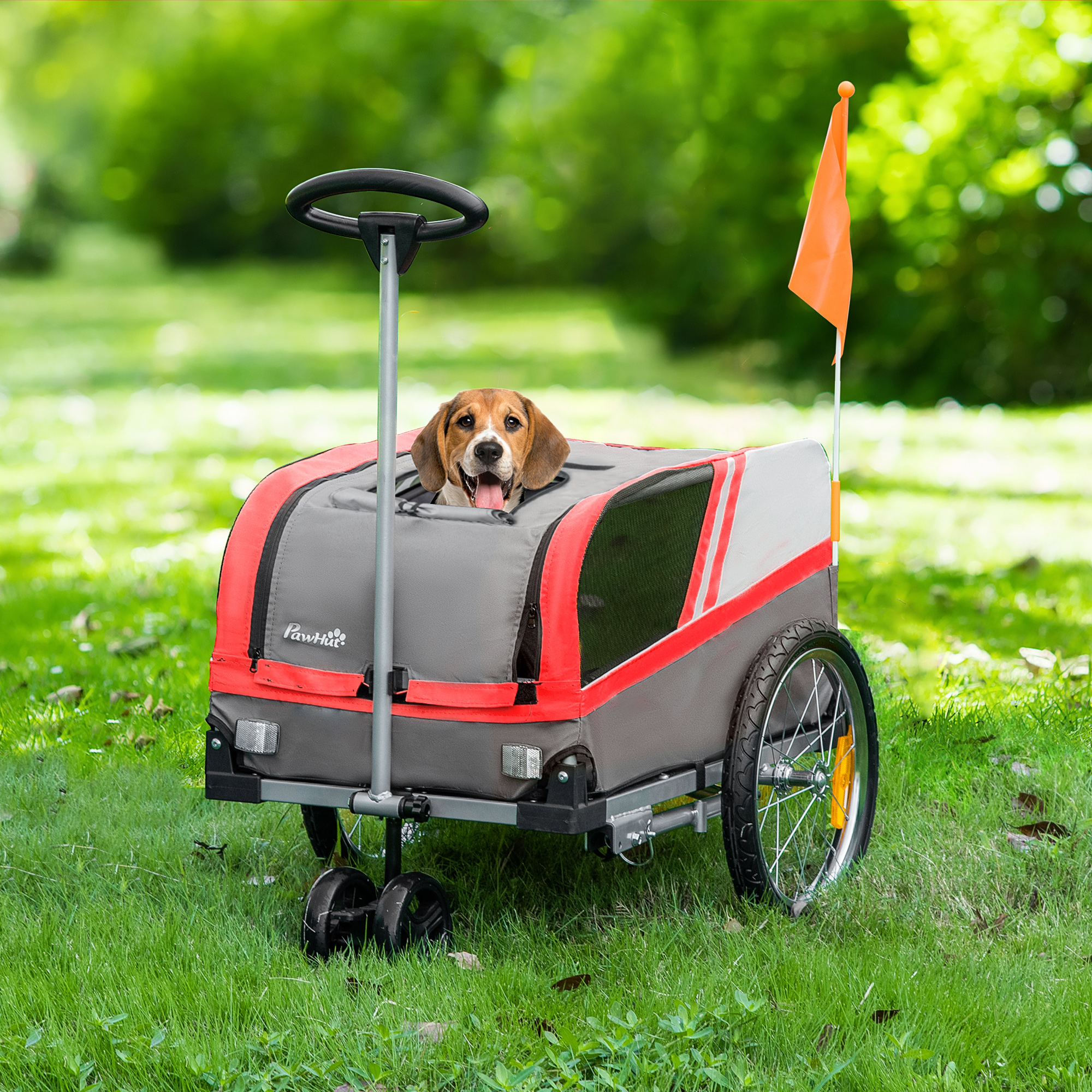 PawHut Dog Bike Trailer Two-In-One Trolley Stroller Cart Bicycle Carrier for Cat Puppy Travel w/ Reflectors Red Flag â€“ Red