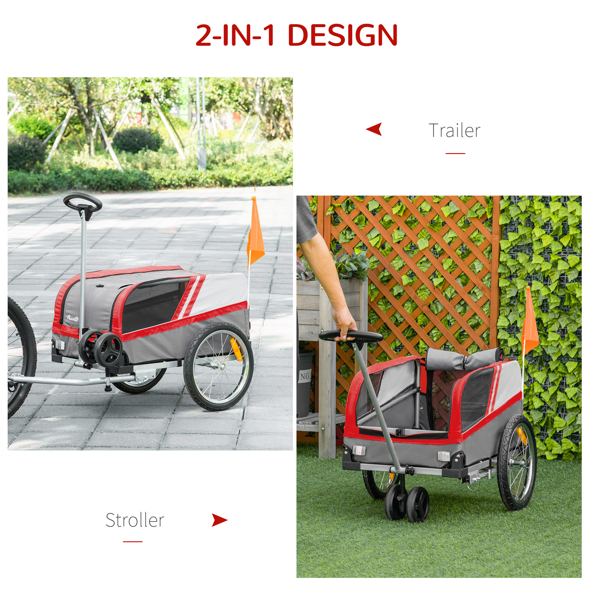PawHut Dog Bike Trailer Two-In-One Trolley Stroller Cart Bicycle Carrier for Cat Puppy Travel w/ Reflectors Red Flag â€“ Red