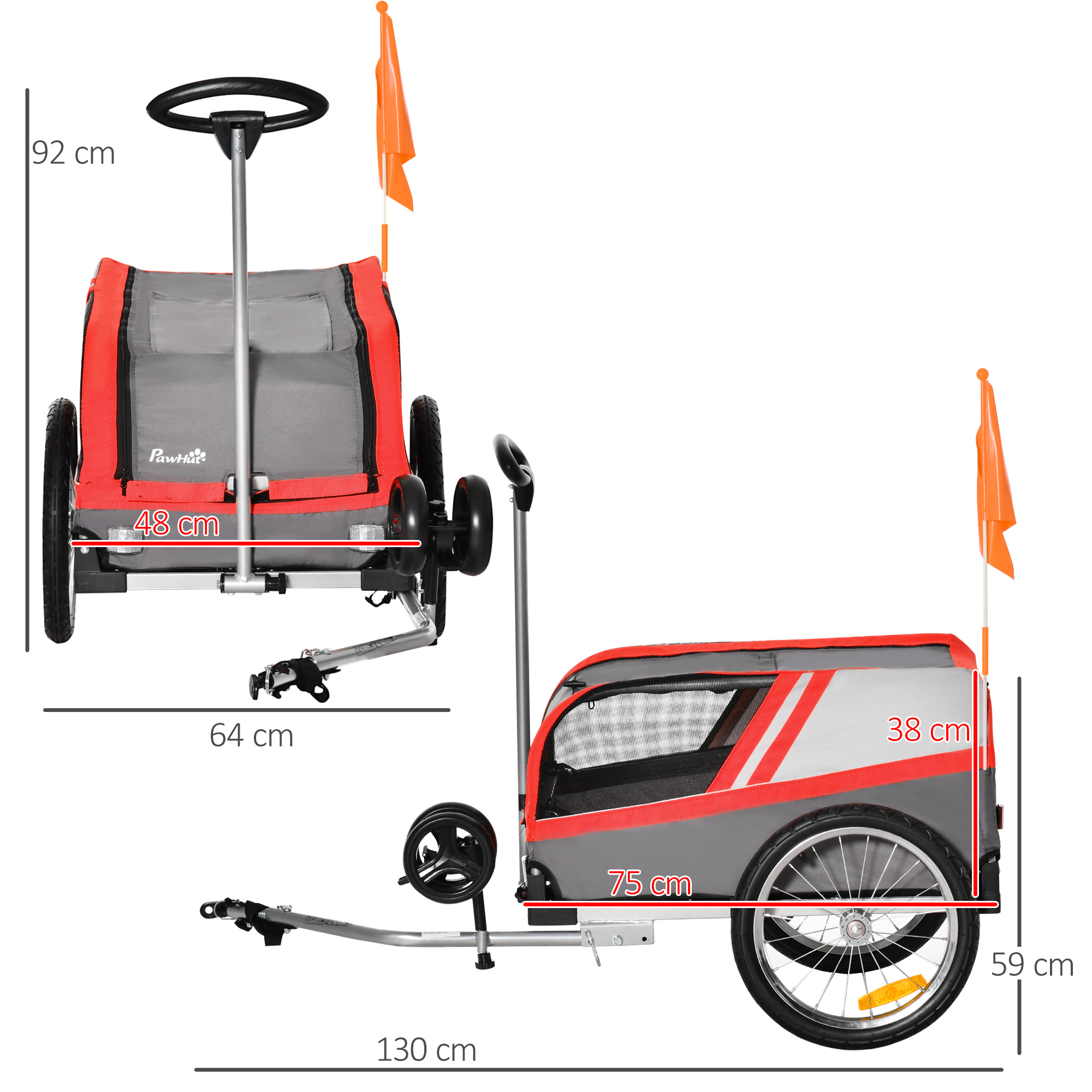 PawHut Dog Bike Trailer Two-In-One Trolley Stroller Cart Bicycle Carrier for Cat Puppy Travel w/ Reflectors Red Flag â€“ Red