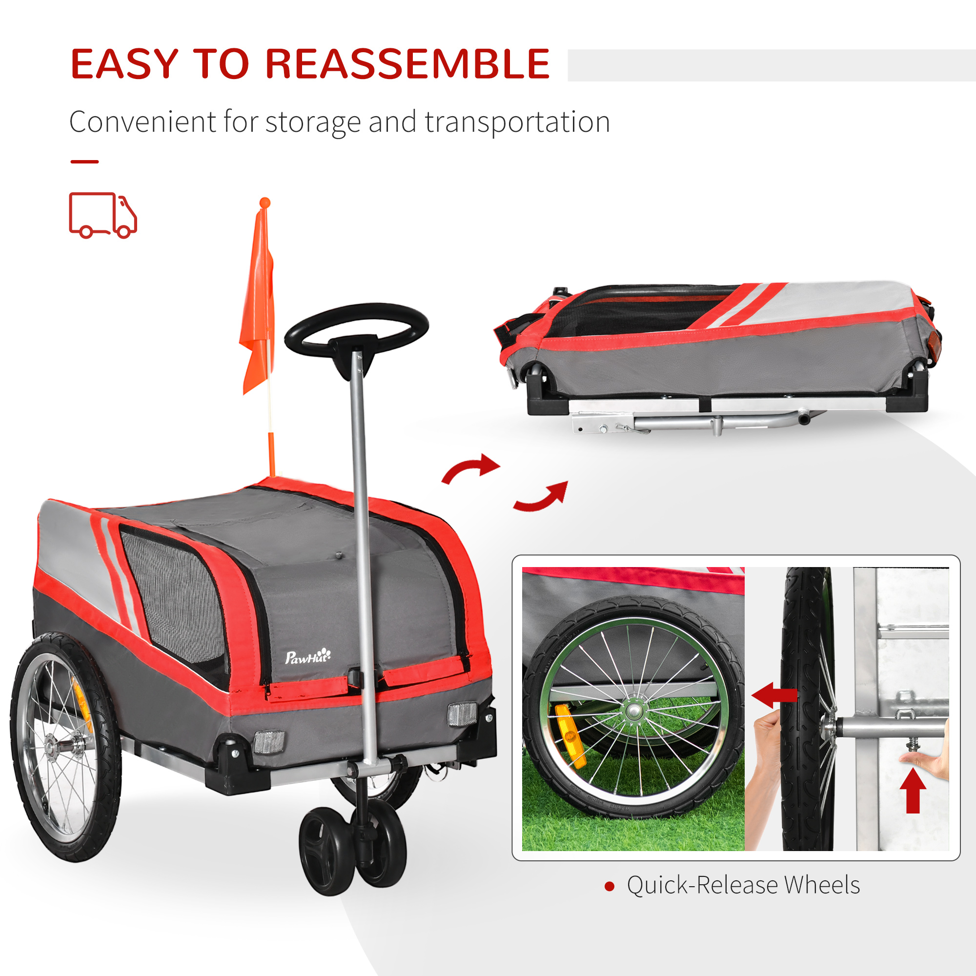 PawHut Dog Bike Trailer Two-In-One Trolley Stroller Cart Bicycle Carrier for Cat Puppy Travel w/ Reflectors Red Flag â€“ Red