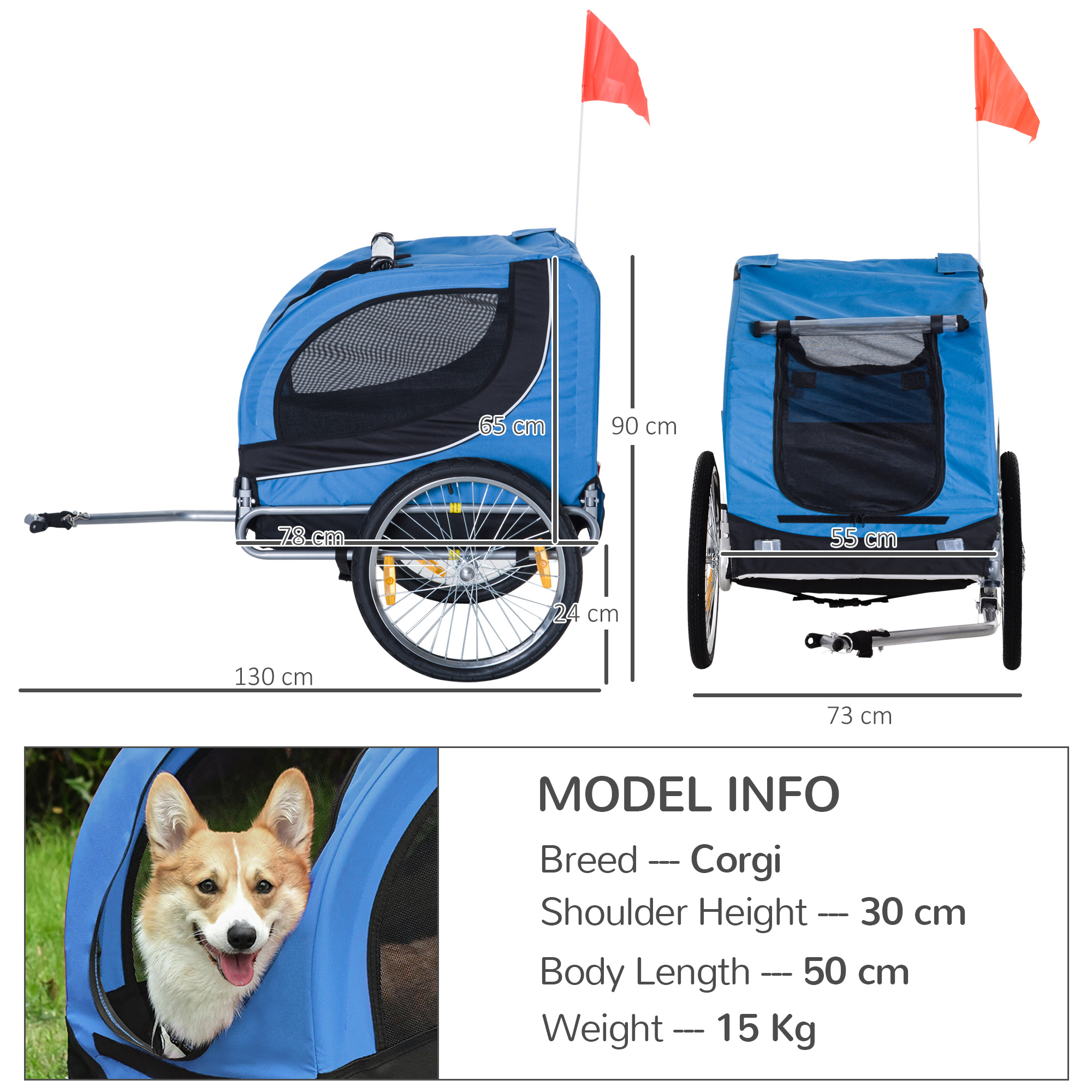 PawHut Secure Dog Bike Trailer, Foldable Bicycle Pet Trailer with Weather-Resistant Cover, Bright Blue