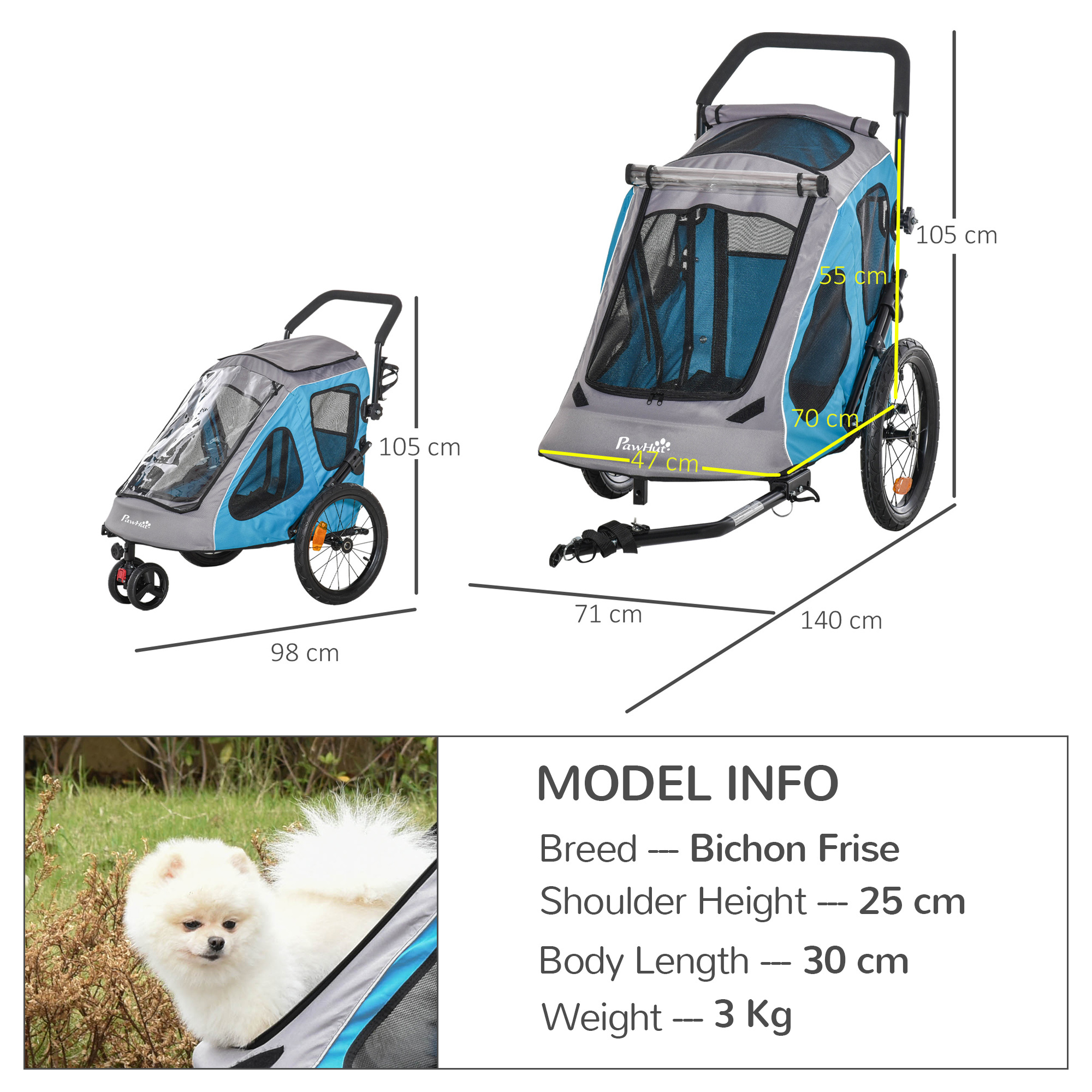 PawHut Dog Bike Trailer 2-IN-1 Steel Pet Cart Carrier for Bicycle with 360Â° Rotatable Front Wheel Reflectors Straps Cup Holder Water Resistant Blue