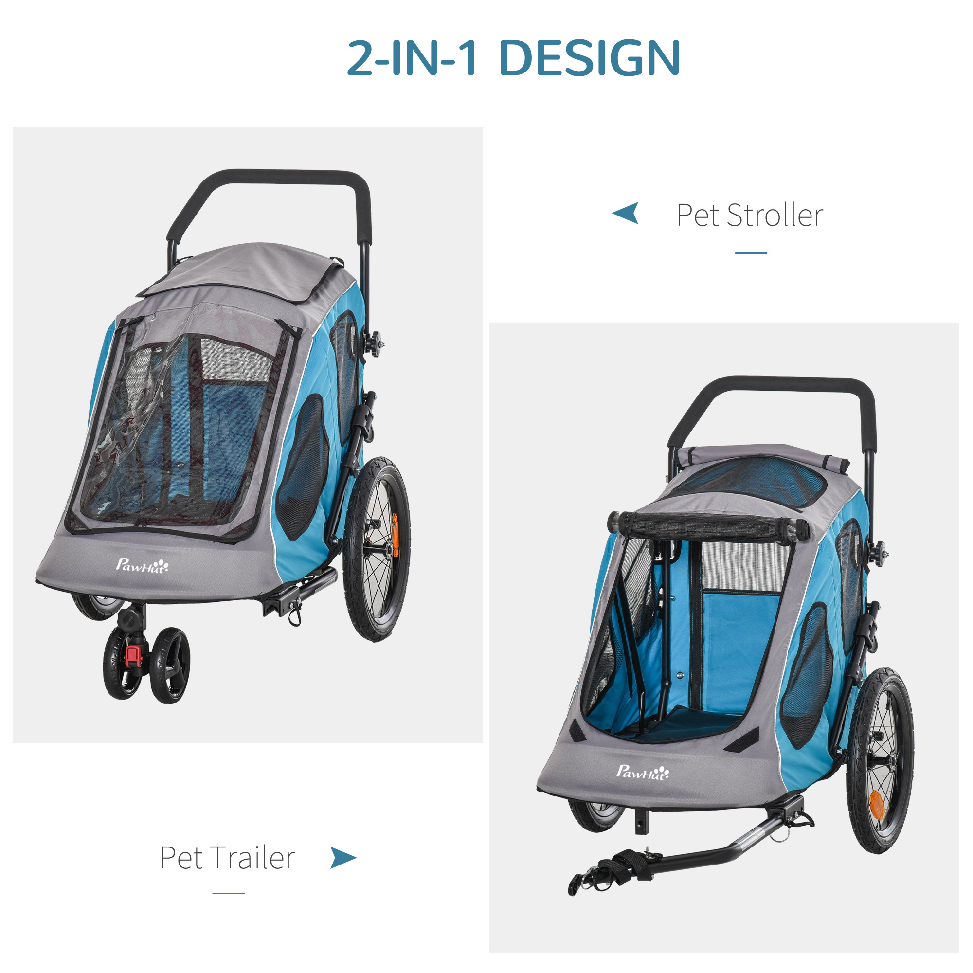 PawHut Dog Bike Trailer 2-IN-1 Steel Pet Cart Carrier for Bicycle with 360Â° Rotatable Front Wheel Reflectors Straps Cup Holder Water Resistant Blue
