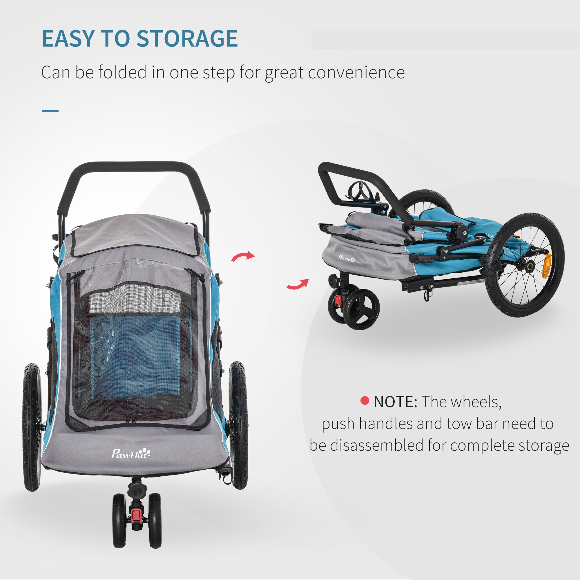 PawHut Dog Bike Trailer 2-IN-1 Steel Pet Cart Carrier for Bicycle with 360Â° Rotatable Front Wheel Reflectors Straps Cup Holder Water Resistant Blue