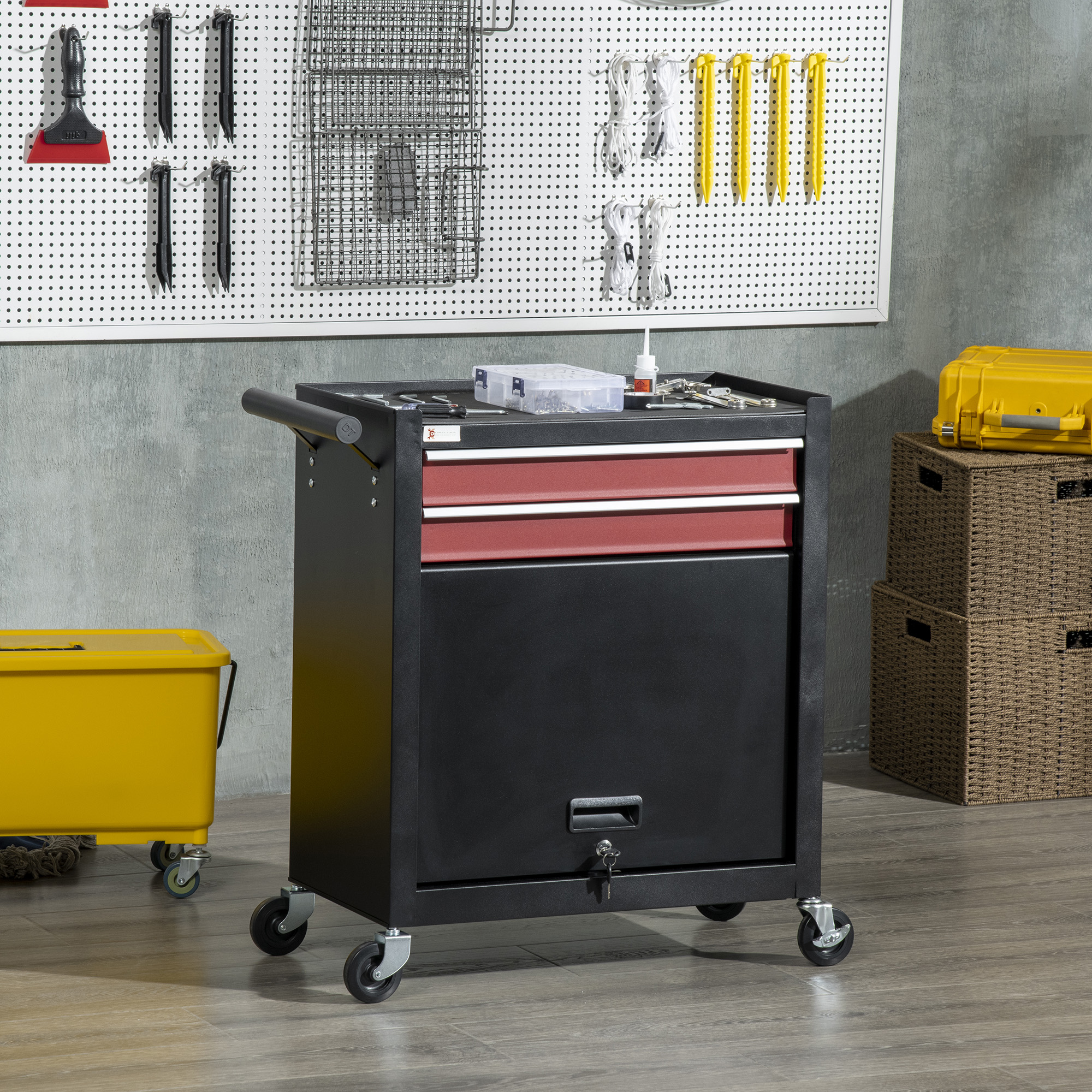 DURHAND 2 Drawers Machinist Tool Chest on Wheels, Lockable Workshop Tool Trolley, Roll Cab with Ball Bearing Runners and Cabinet