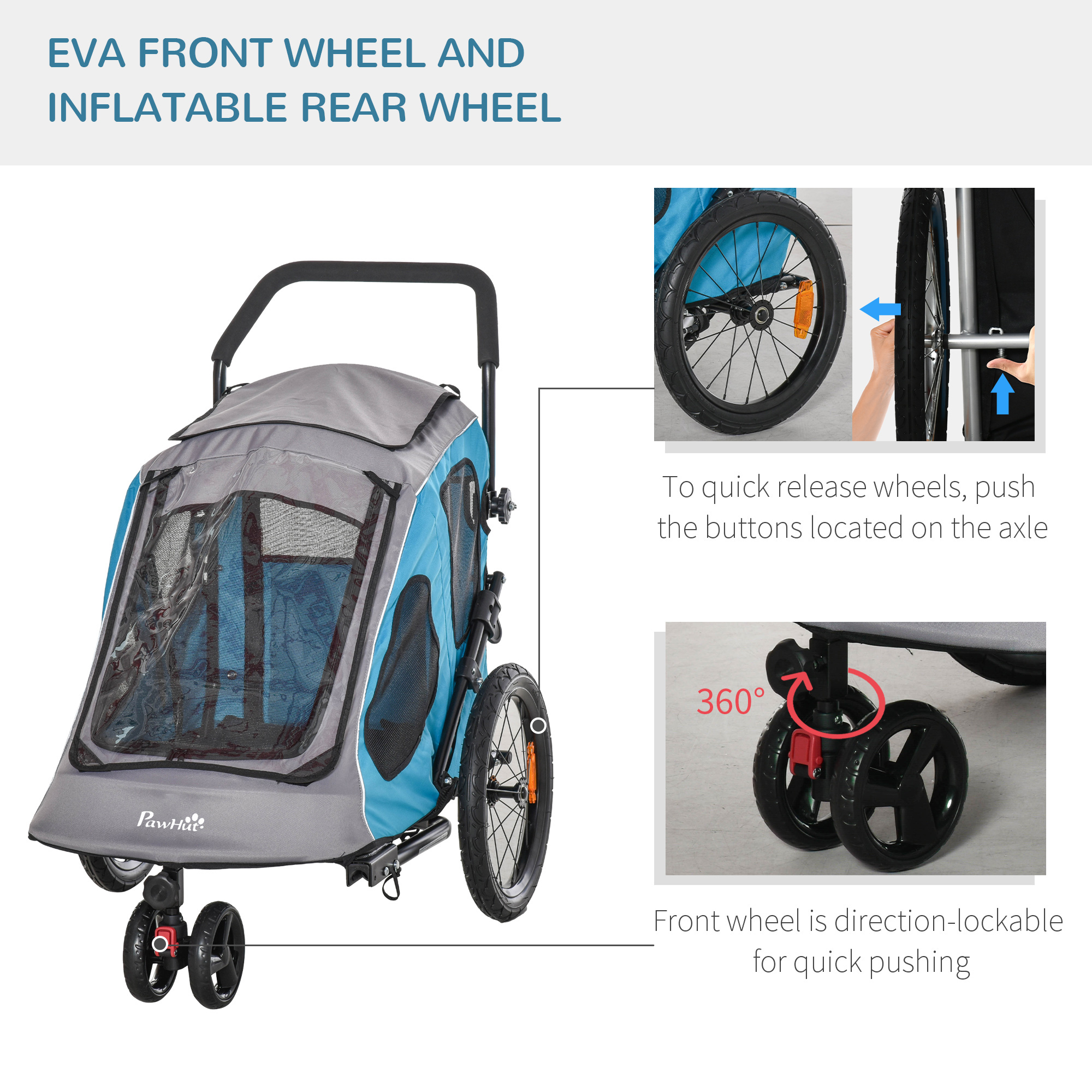 PawHut Dog Bike Trailer 2-IN-1 Steel Pet Cart Carrier for Bicycle with 360Â° Rotatable Front Wheel Reflectors Straps Cup Holder Water Resistant Blue