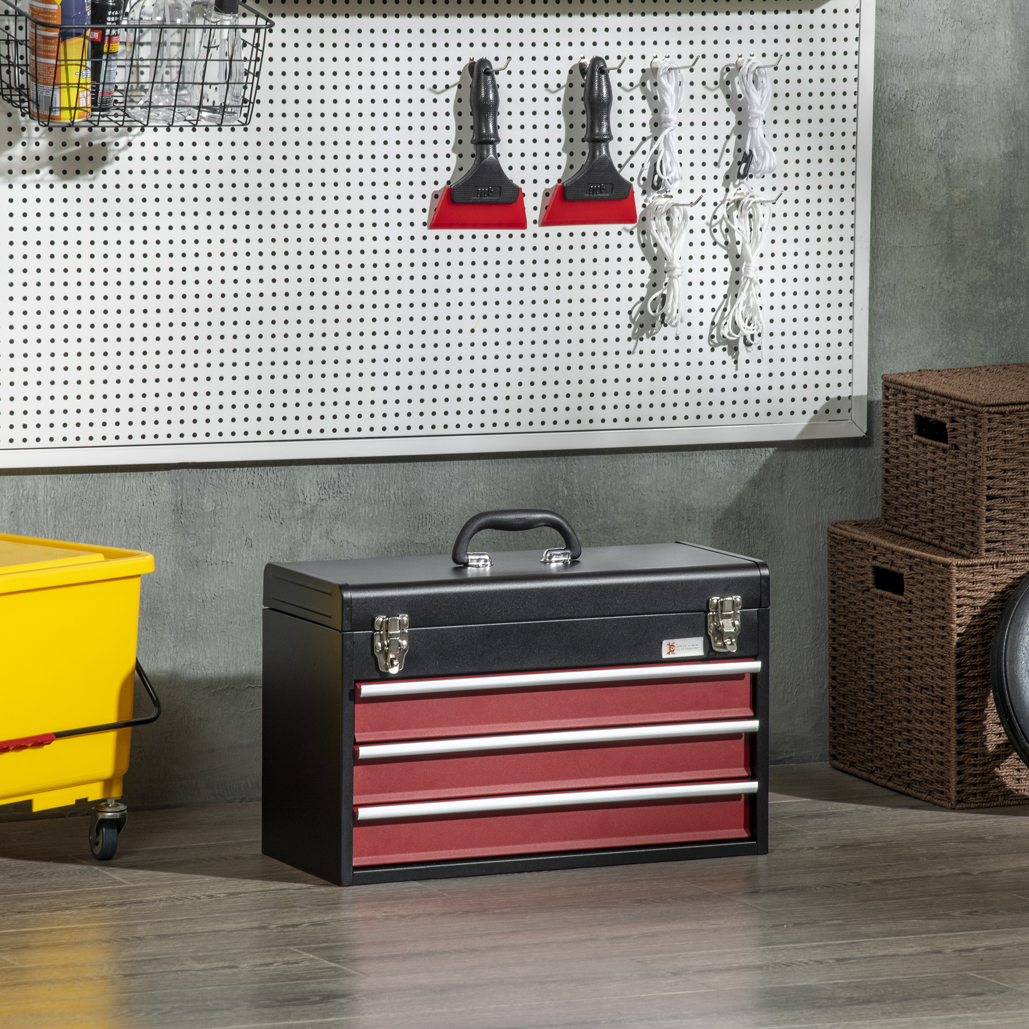 DURHAND Metal Tool Chest with 3 Drawers, Lockable, Ball Bearing Runners, Portable Toolbox, 510mm x 220mm x 320mm, Durable