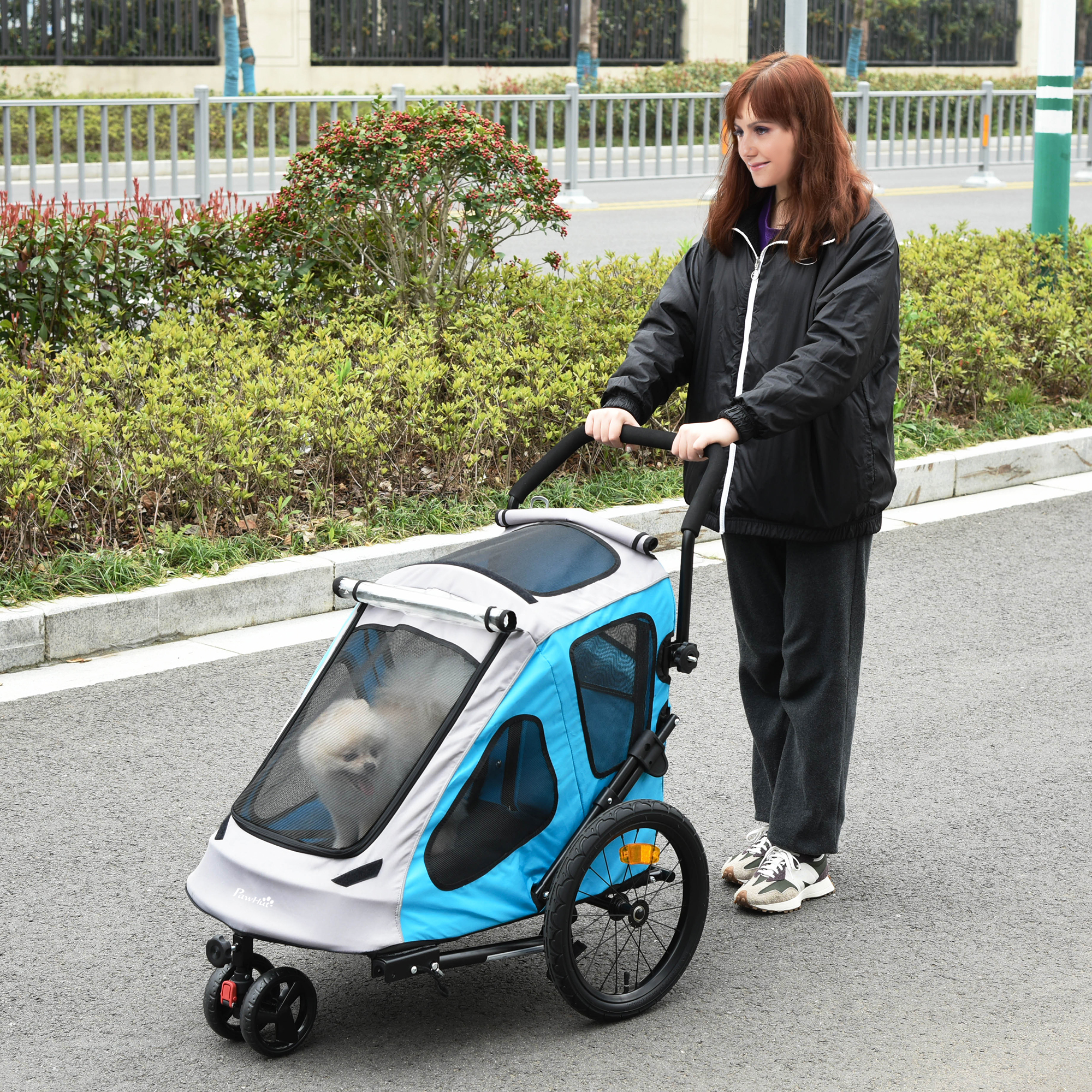 PawHut Dog Bike Trailer 2-IN-1 Steel Pet Cart Carrier for Bicycle with 360Â° Rotatable Front Wheel Reflectors Straps Cup Holder Water Resistant Blue