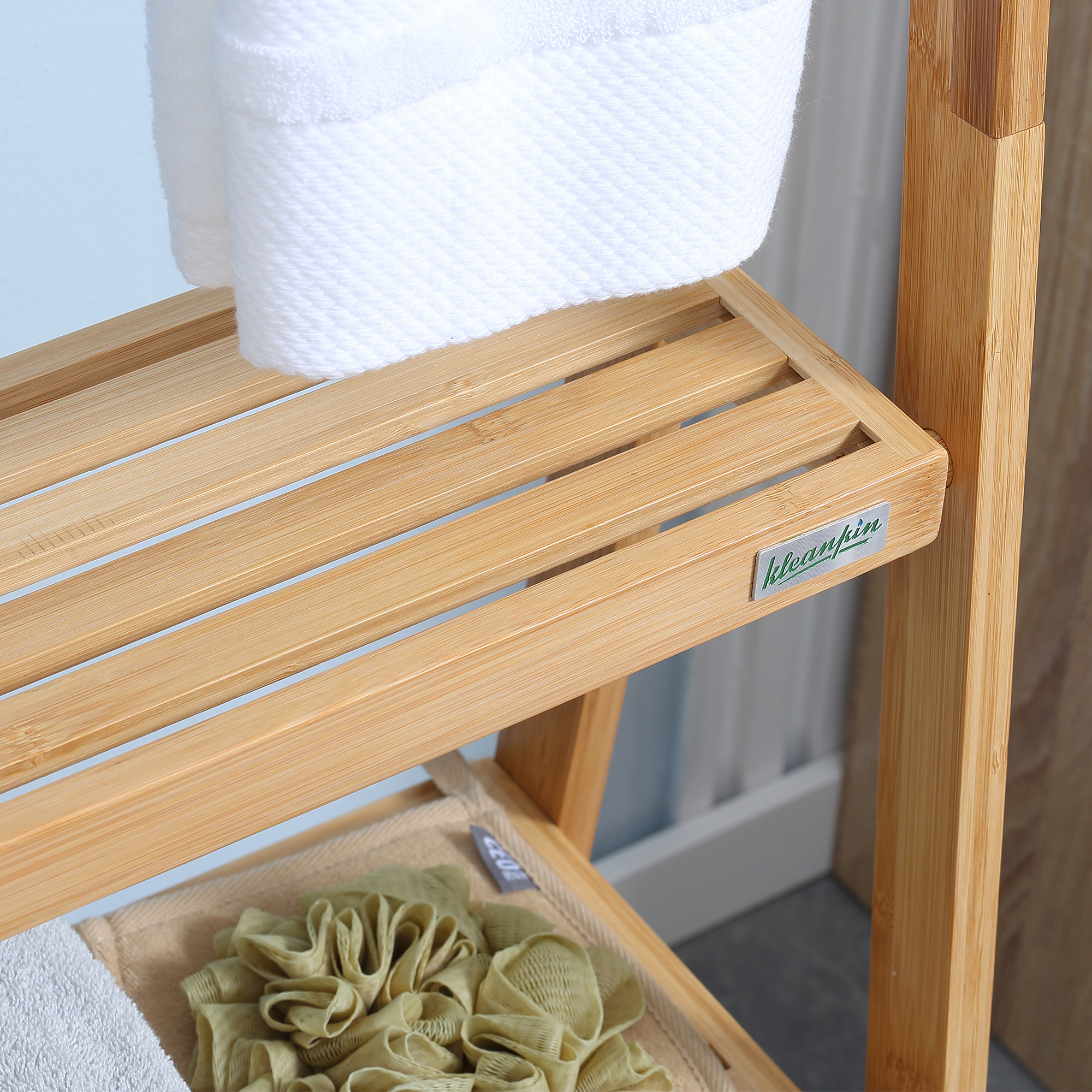 Kleankin Bamboo Towel Stand Freestanding with 3 Rails & 3 Shelves, Foldable Towel Holder for Bathroom, Space-Efficient