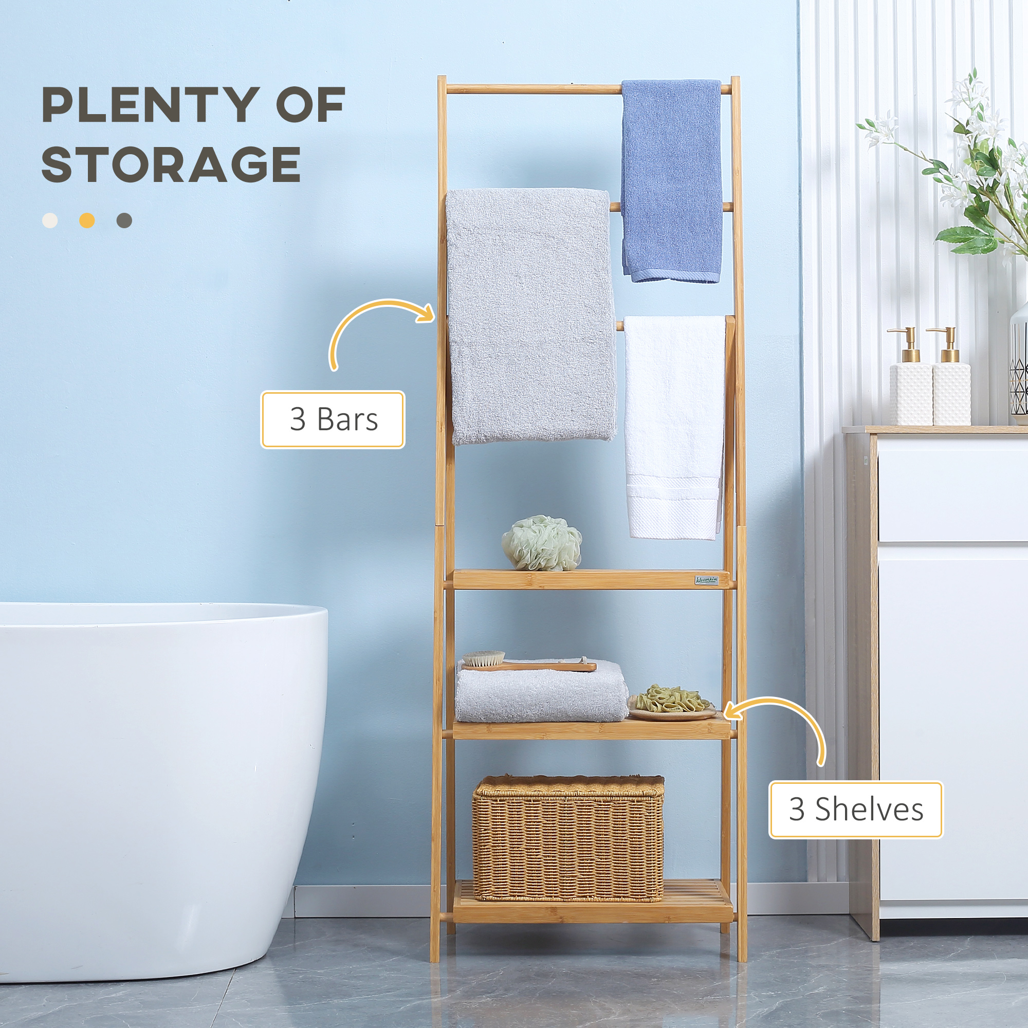 Kleankin Bamboo Towel Stand Freestanding with 3 Rails & 3 Shelves, Foldable Towel Holder for Bathroom, Space-Efficient