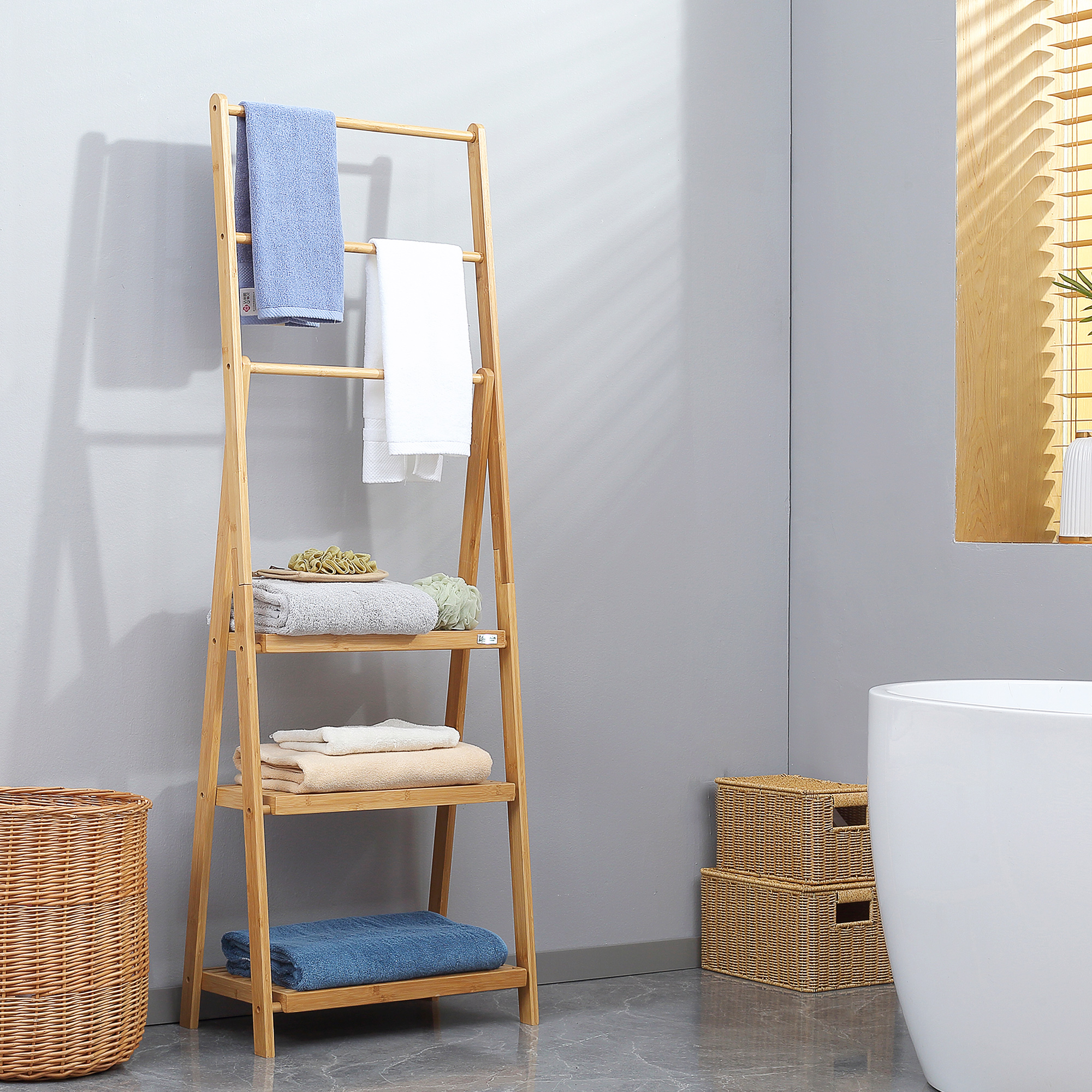 Kleankin Bamboo Towel Stand Freestanding with 3 Rails & 3 Shelves, Foldable Towel Holder for Bathroom, Space-Efficient