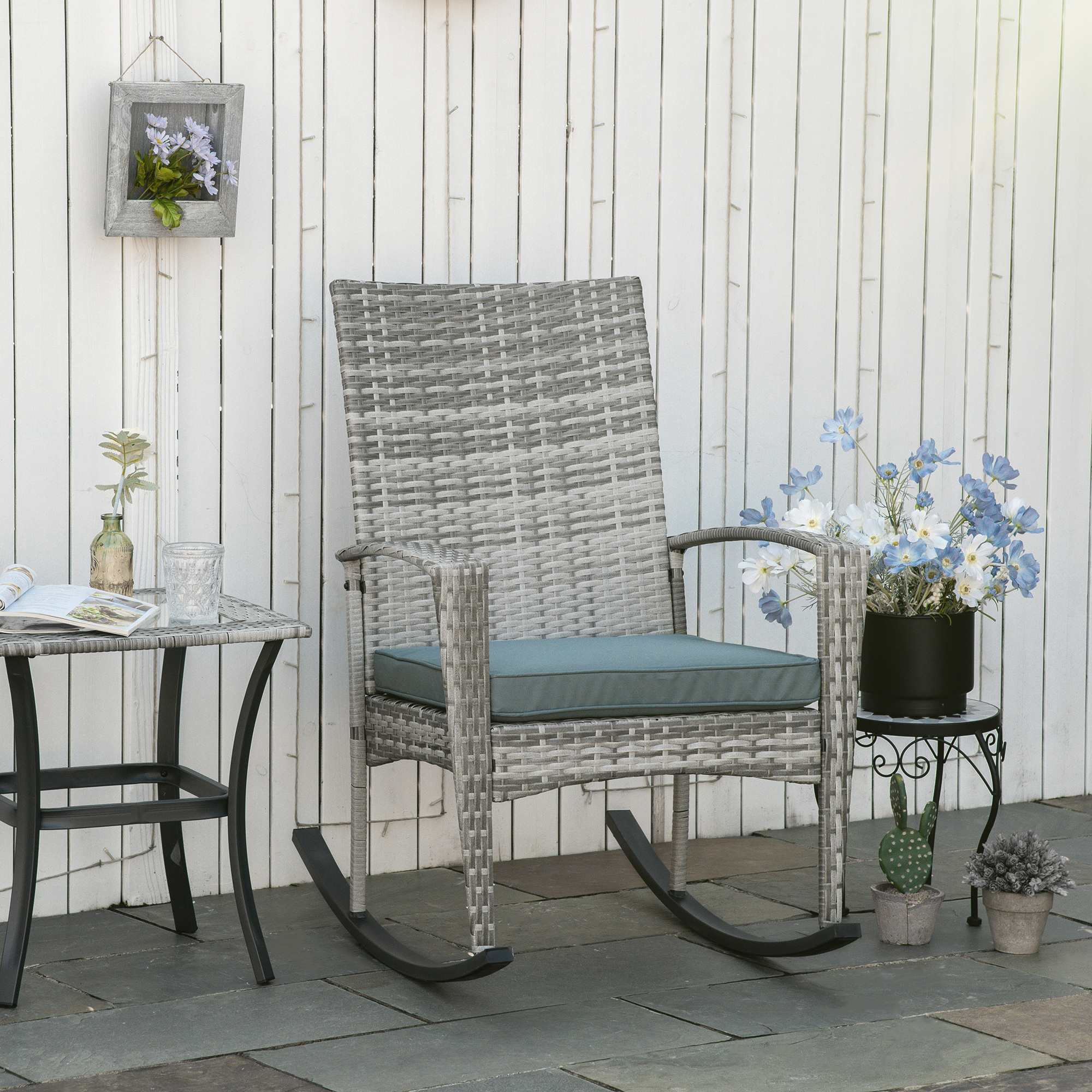 Outsunny krzesło bujane krzesło ogrodowe z poduszką, rattan+metal, szary, 66 x 88 x 98 cm
