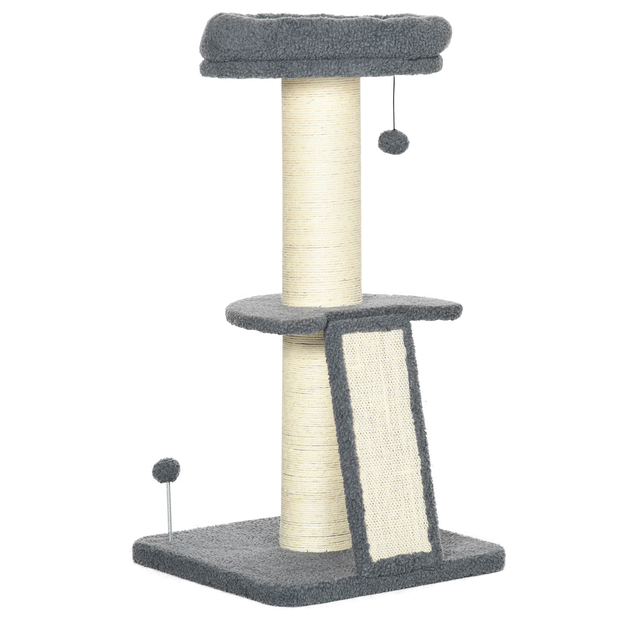 PawHut Kratzbaum groß 92H cm Katzenbaum mit Lammfell-Imitat, Kratzstamm, Plattform & Spielball, dunkelgrau-cremeweiß Aosom.de