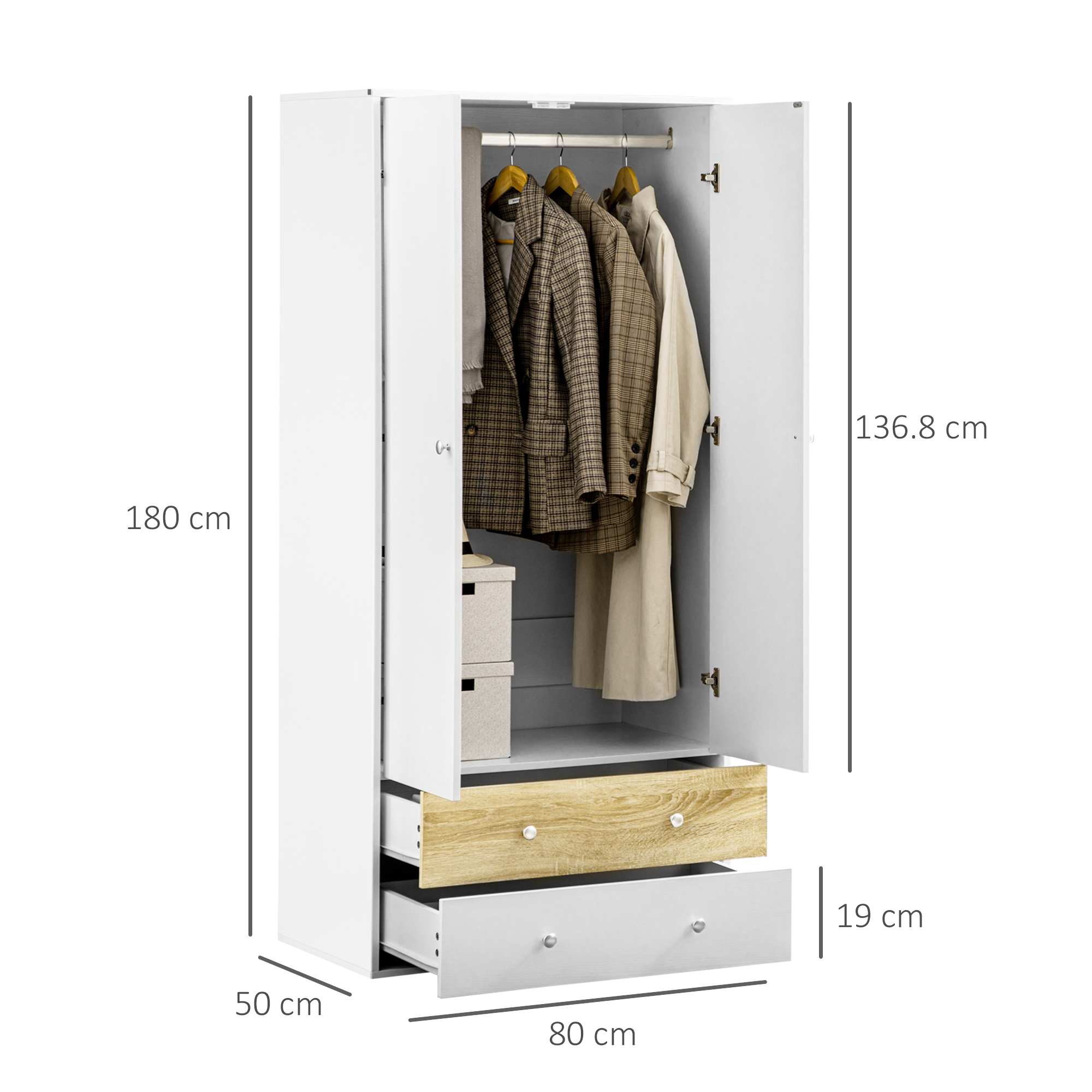 HOMCOM White 2 Door Wardrobe with Drawers, Hanging Rod for Bedroom Clothes Organisation, Storage.