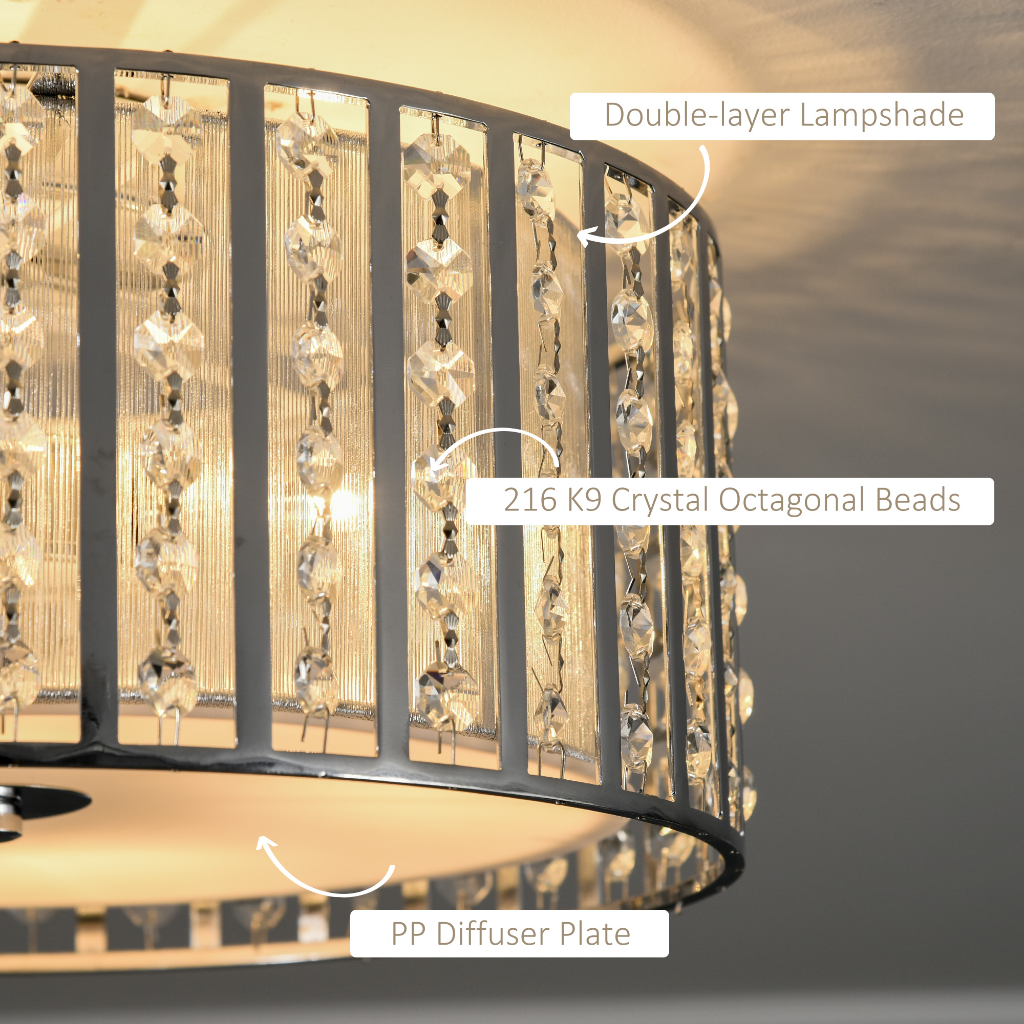 HOMCOM Modern K9 Crystal Chandelier Ceiling Light with Double Layer Lampshade, Round Pendant Light for Living Room, 4 G9 Bulbs Required, Î¦35 cm