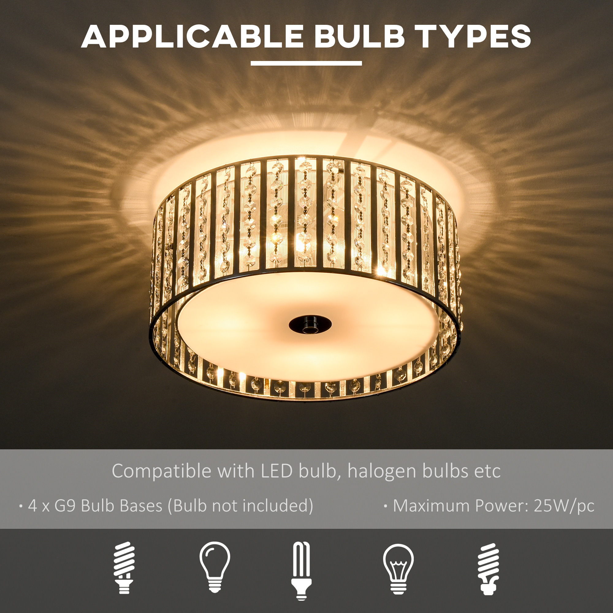HOMCOM Modern K9 Crystal Chandelier Ceiling Light with Double Layer Lampshade, Round Pendant Light for Living Room, 4 G9 Bulbs Required, Î¦35 cm