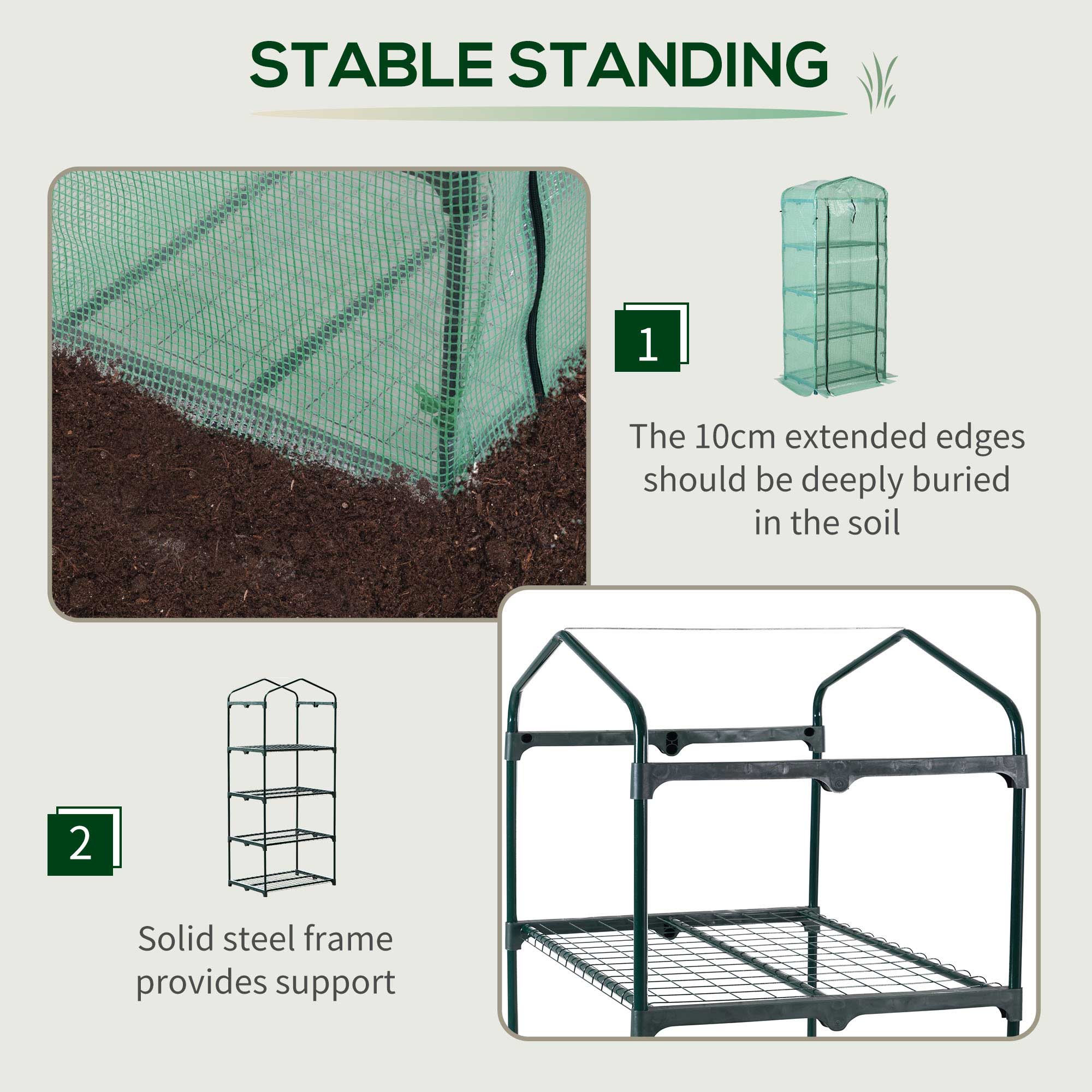 Outsunny 4 Tiers Mini Portable Greenhouse Plant Grow Shed Metal Frame PE Cover 160H x 70L x 50Wcm, Green