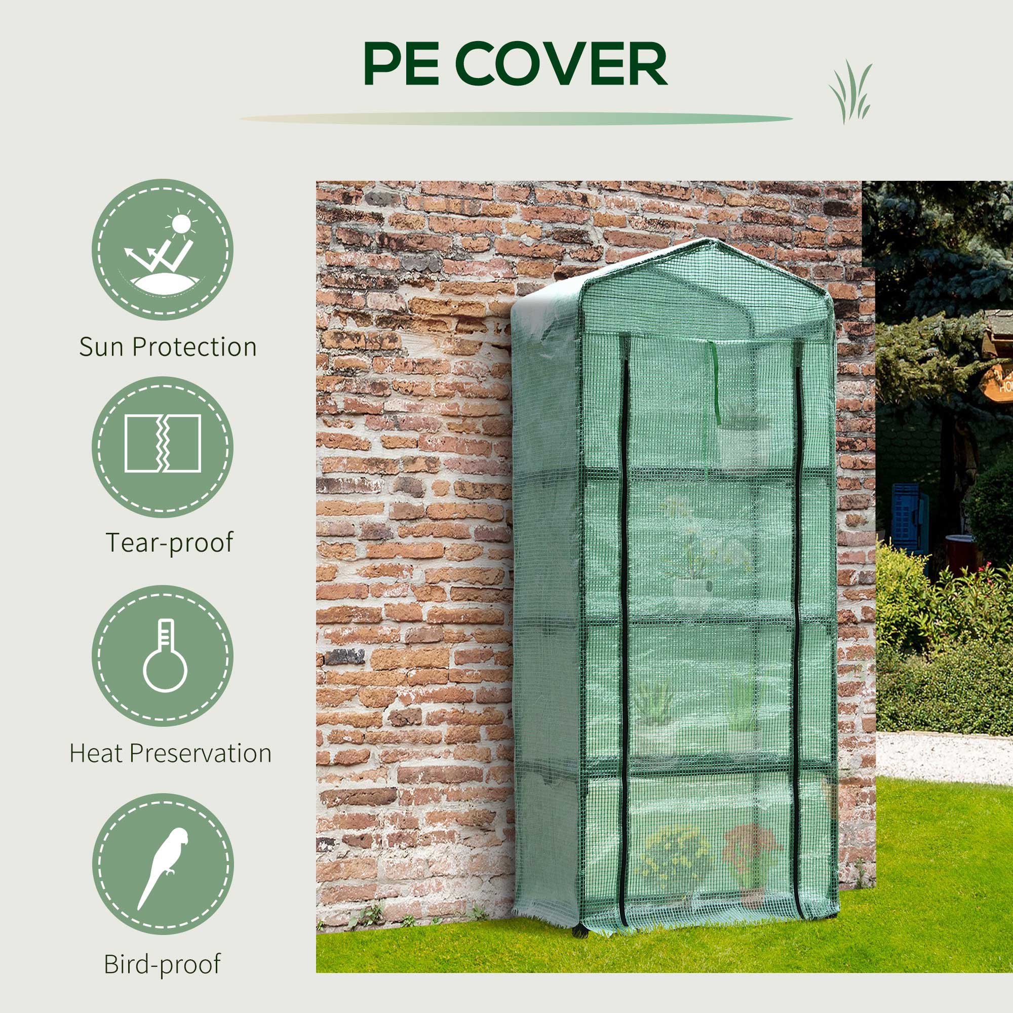 Outsunny 4 Tiers Mini Portable Greenhouse Plant Grow Shed Metal Frame PE Cover 160H x 70L x 50Wcm, Green