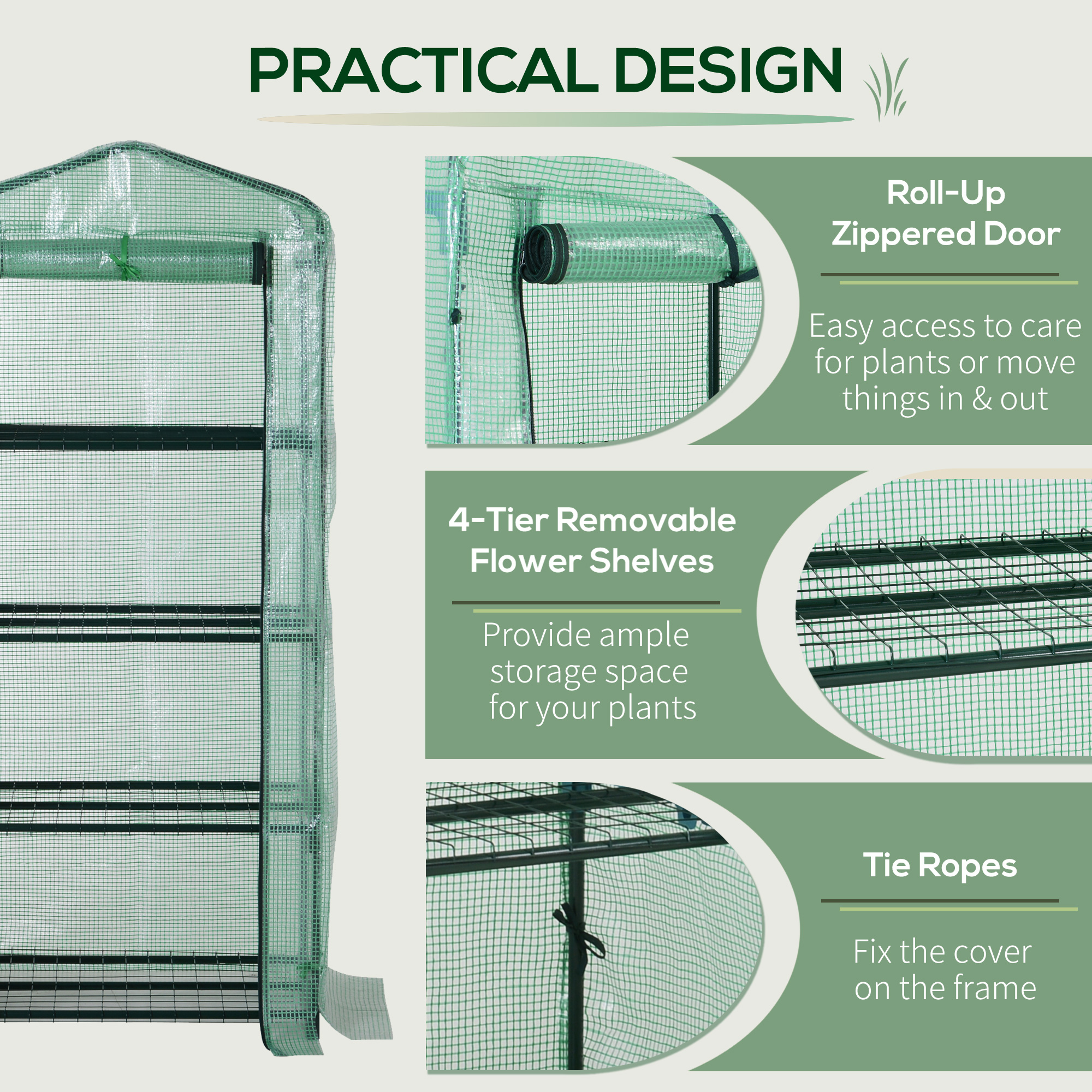 Outsunny 4 Tiers Mini Portable Greenhouse Plant Grow Shed Metal Frame PE Cover 160H x 70L x 50Wcm, Green