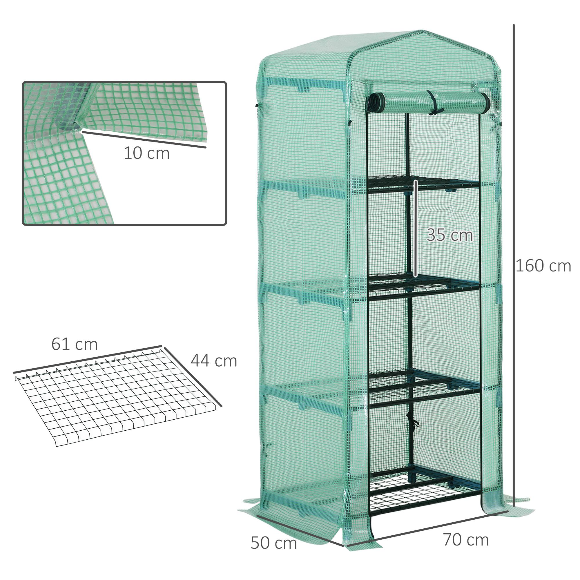 Outsunny 4 Tiers Mini Portable Greenhouse Plant Grow Shed Metal Frame PE Cover 160H x 70L x 50Wcm, Green