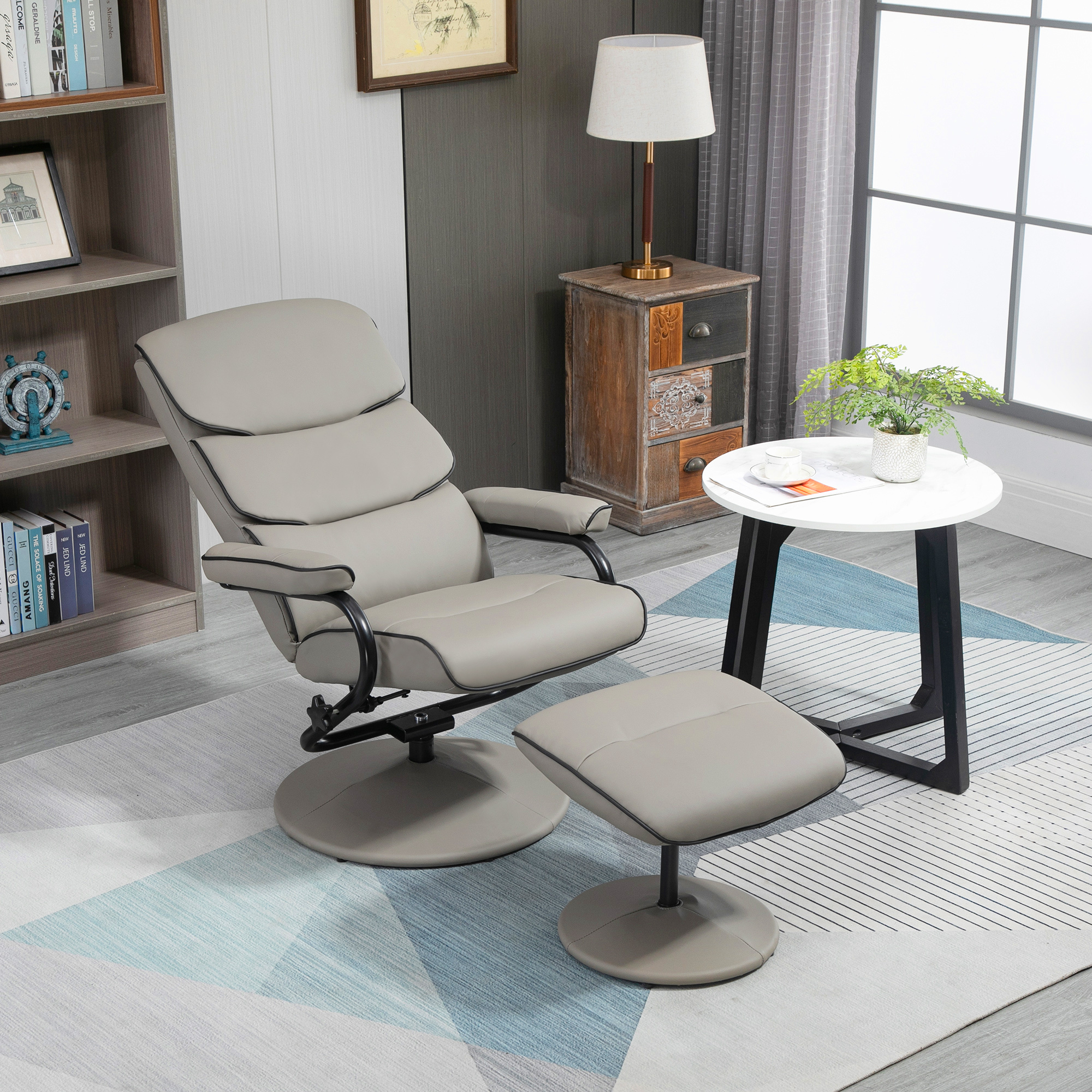 HOMCOM Recliner Chair with Ottoman 360Â° Swivel Faux Leather High Back Armchair w/ Footrest Stool for Home Office