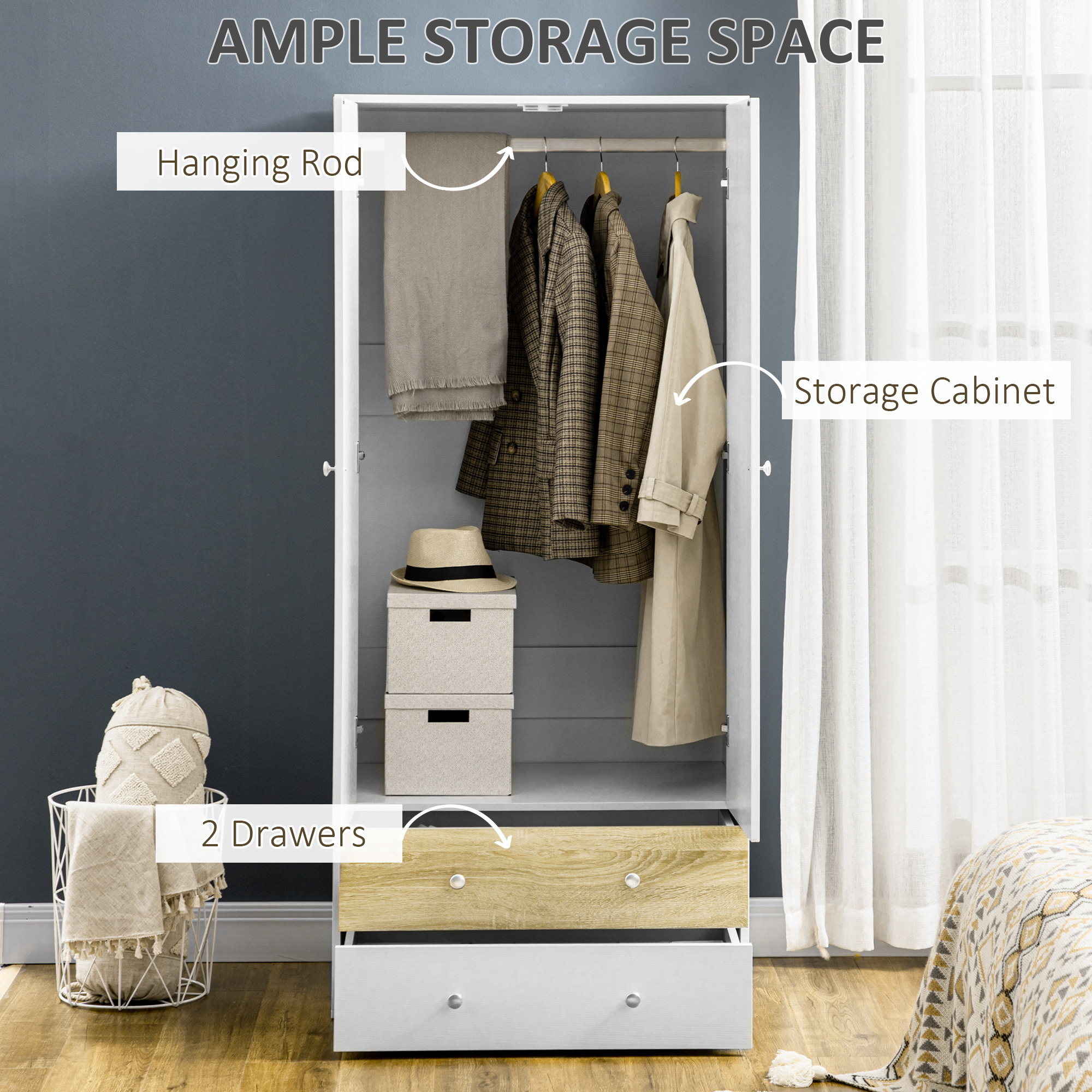 HOMCOM White 2 Door Wardrobe with Drawers, Hanging Rod for Bedroom Clothes Organisation, Storage.