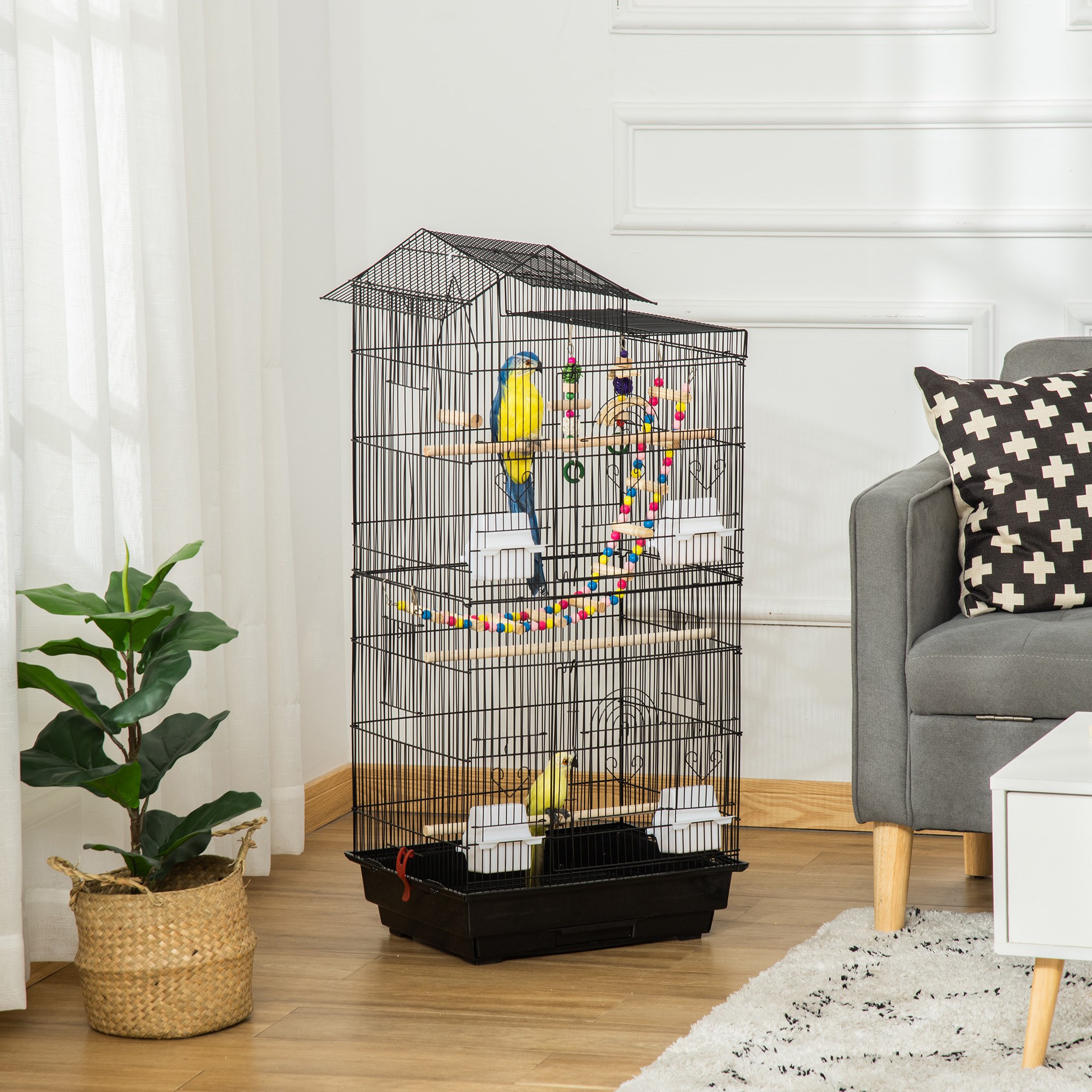 PawHut Bird Cage with Accessories, Suitable for Budgies, Finches, Canaries, Includes Toys, Tray, Handle, 46 x 36 x 100 cm, Black