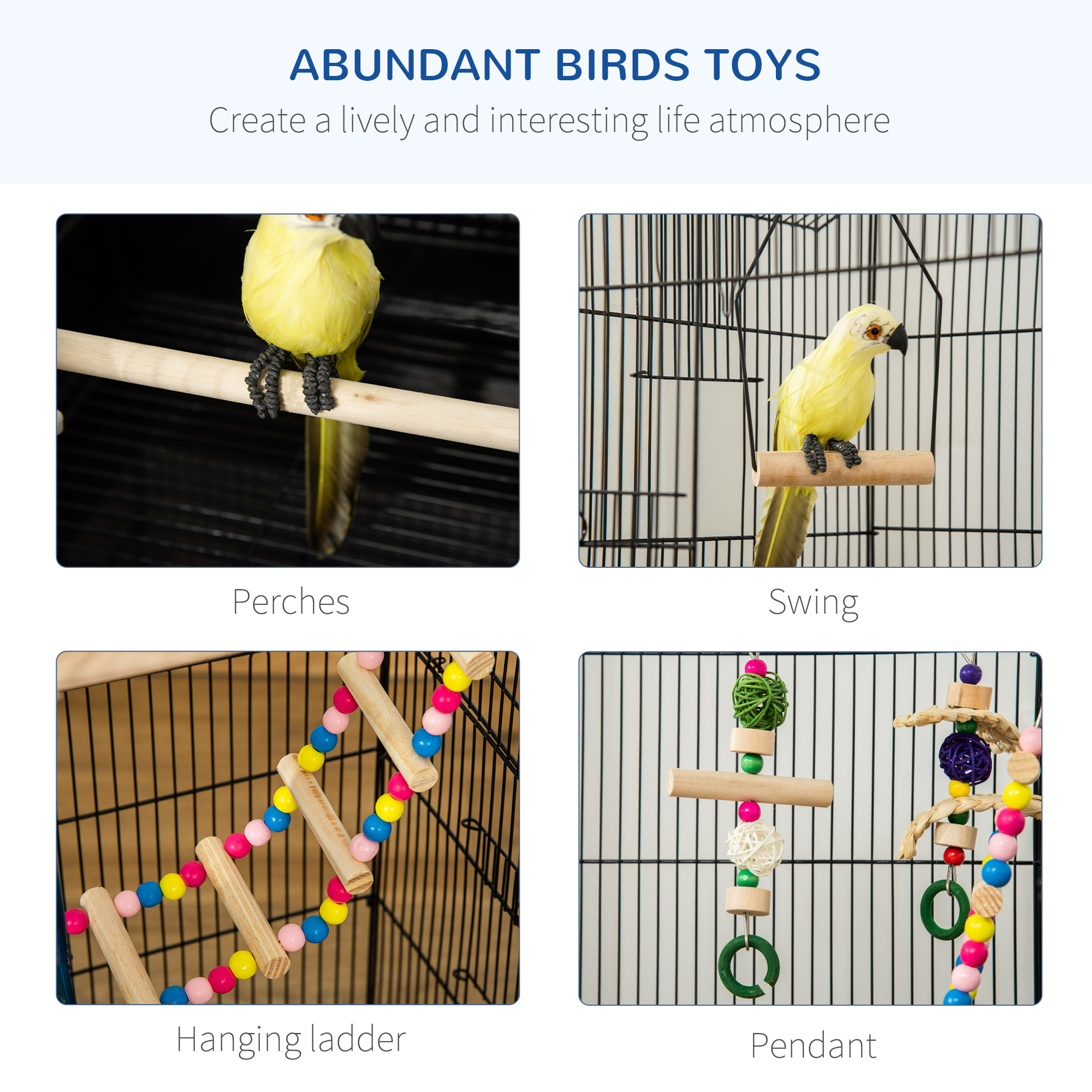 PawHut Bird Cage with Accessories, Suitable for Budgies, Finches, Canaries, Includes Toys, Tray, Handle, 46 x 36 x 100 cm, Black