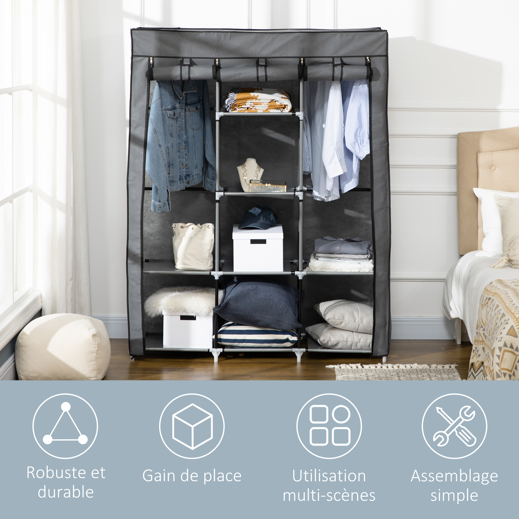 Relaxdays Étagère Modulable 8 Cases Avec 2 Tringles - Rangement Penderie Blanc-Multicolore 145x110x37 Cm