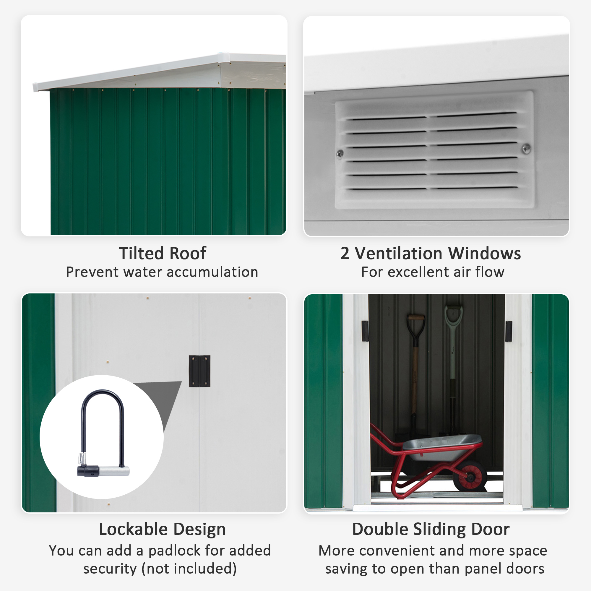 Outsunny 9ft x 4.25ft Corrugated Garden Metal Storage Shed Outdoor Equipment Tool Box with Foundation Ventilation & Doors Deep Green
