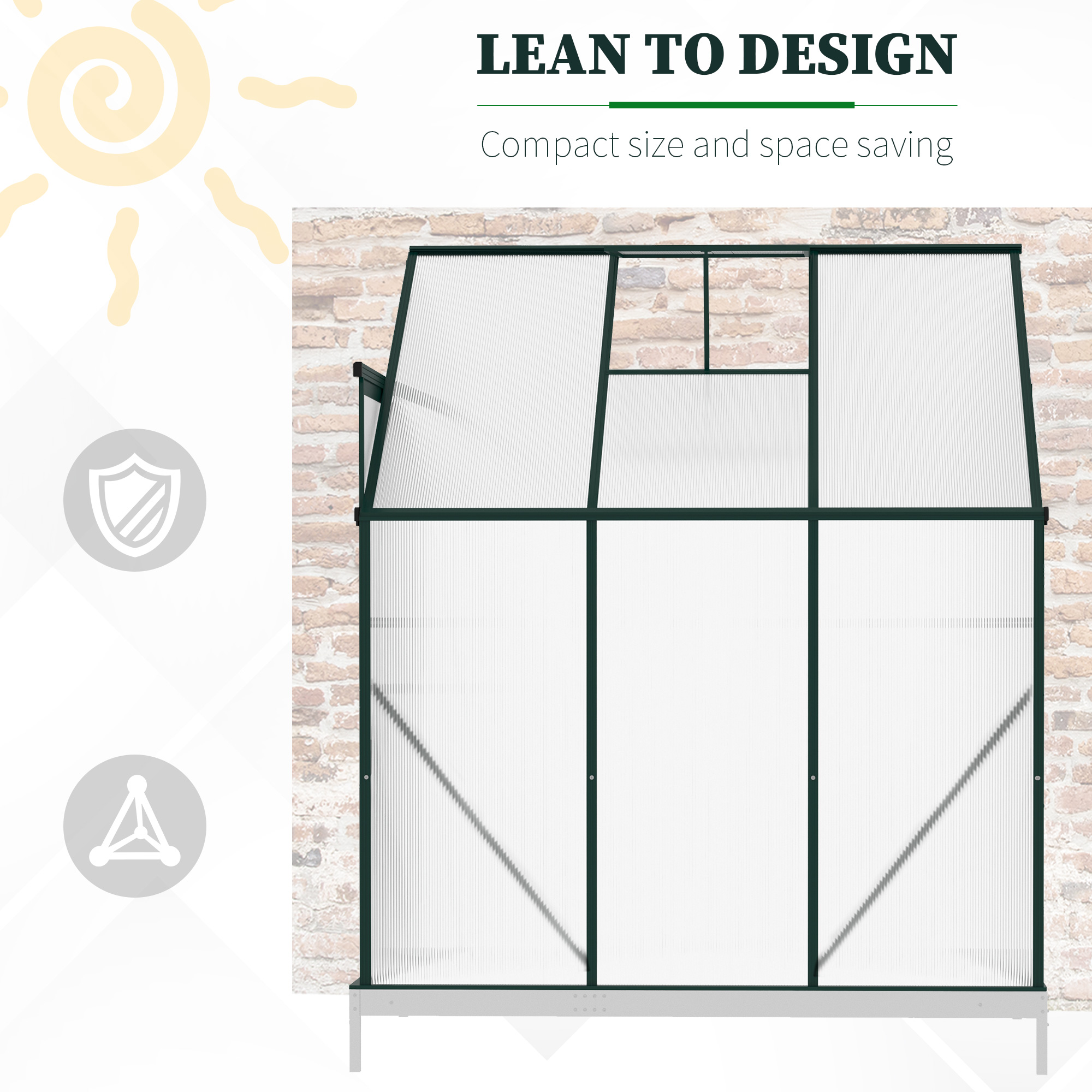 Outsunny Walk-In Lean to Greenhouse Garden Heavy Duty Aluminium Polycarbonate with Roof Vent for Plants Herbs Vegetables, Green, 192 x 127 x 220 cm