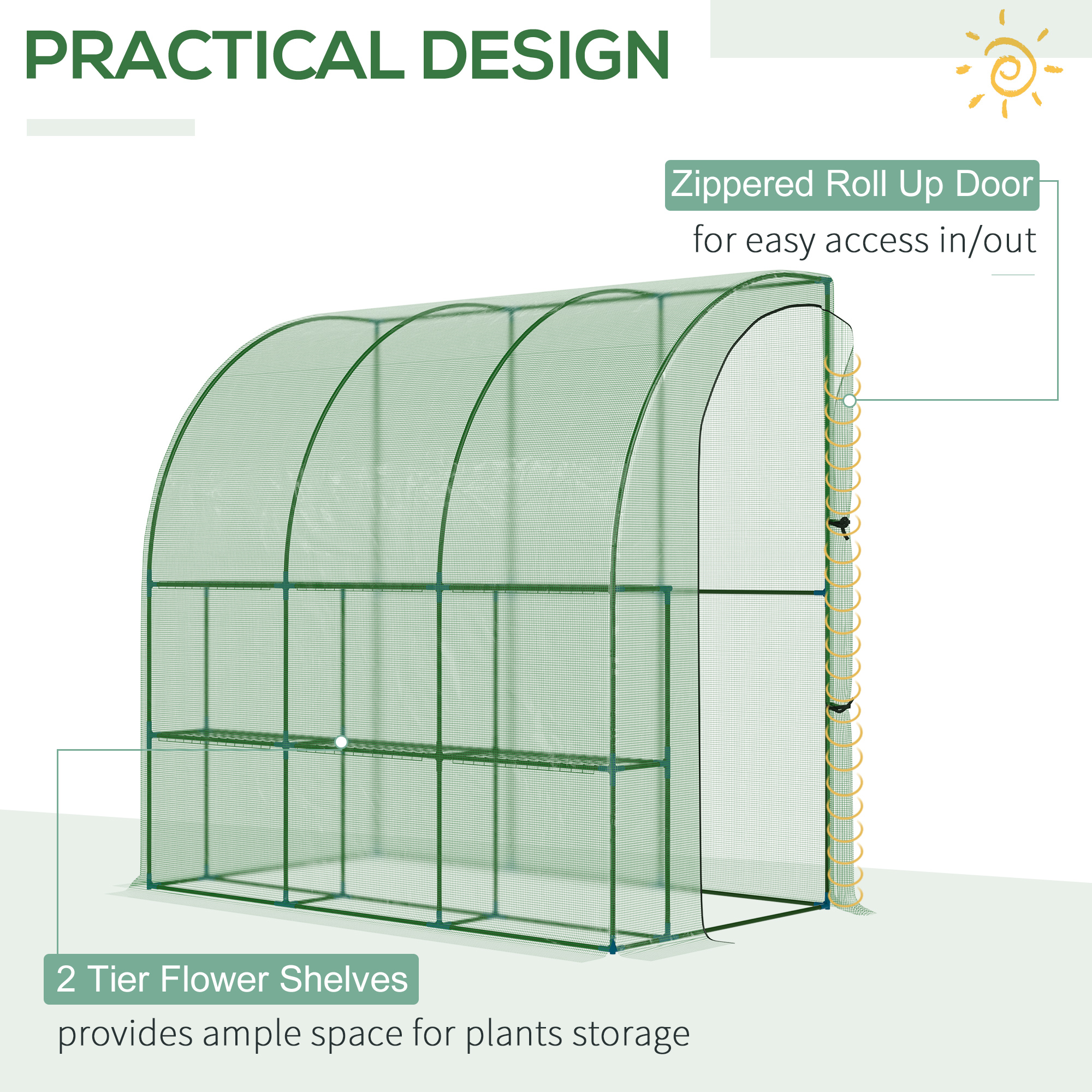 Outsunny Outdoor Walk-In Lean to Wall Tunnel Greenhouse with Zippered Roll Up Door PE Cover Green 214L x 120W x 215Hcm