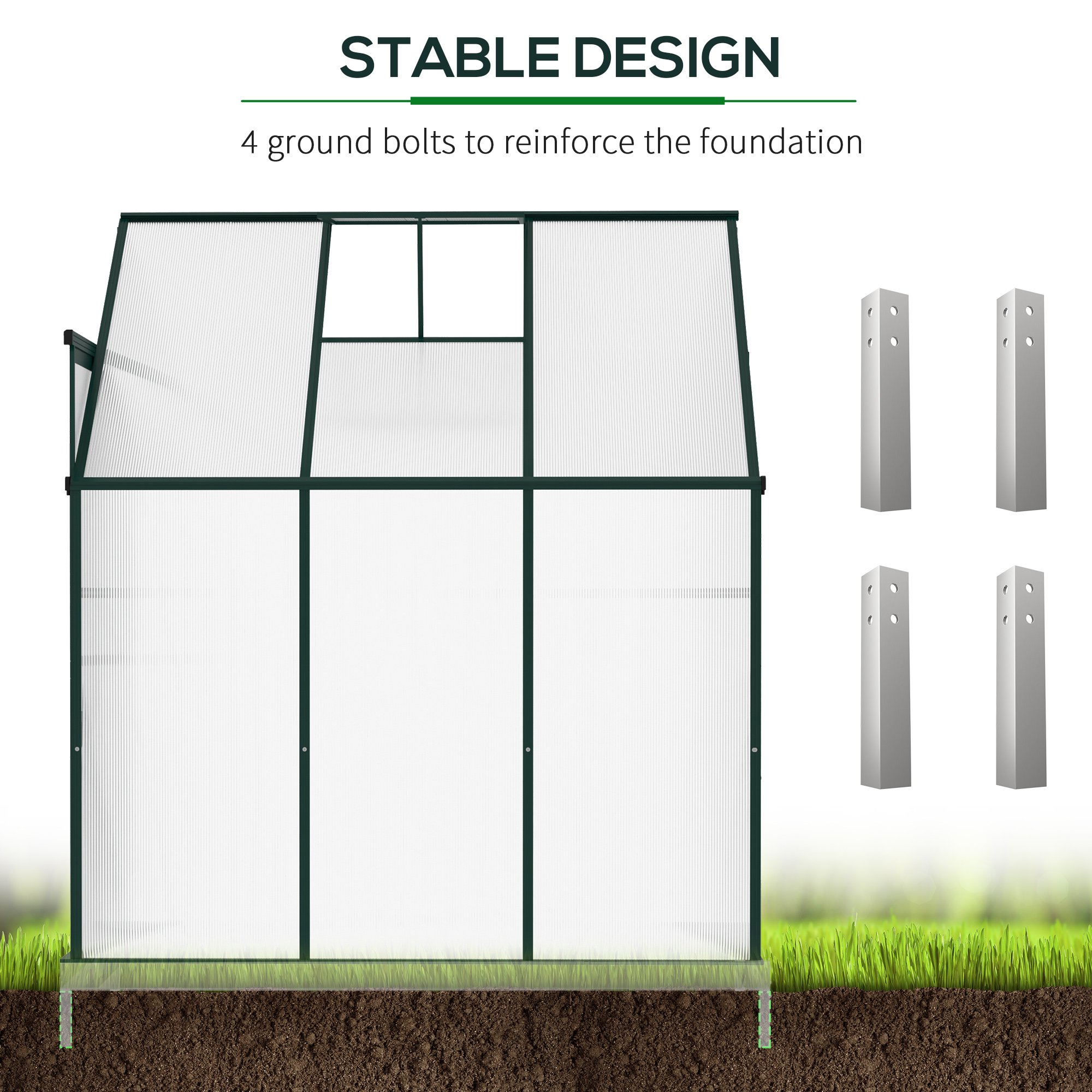 Outsunny Walk-In Lean to Greenhouse Garden Heavy Duty Aluminium Polycarbonate with Roof Vent for Plants Herbs Vegetables, Green, 192 x 127 x 220 cm
