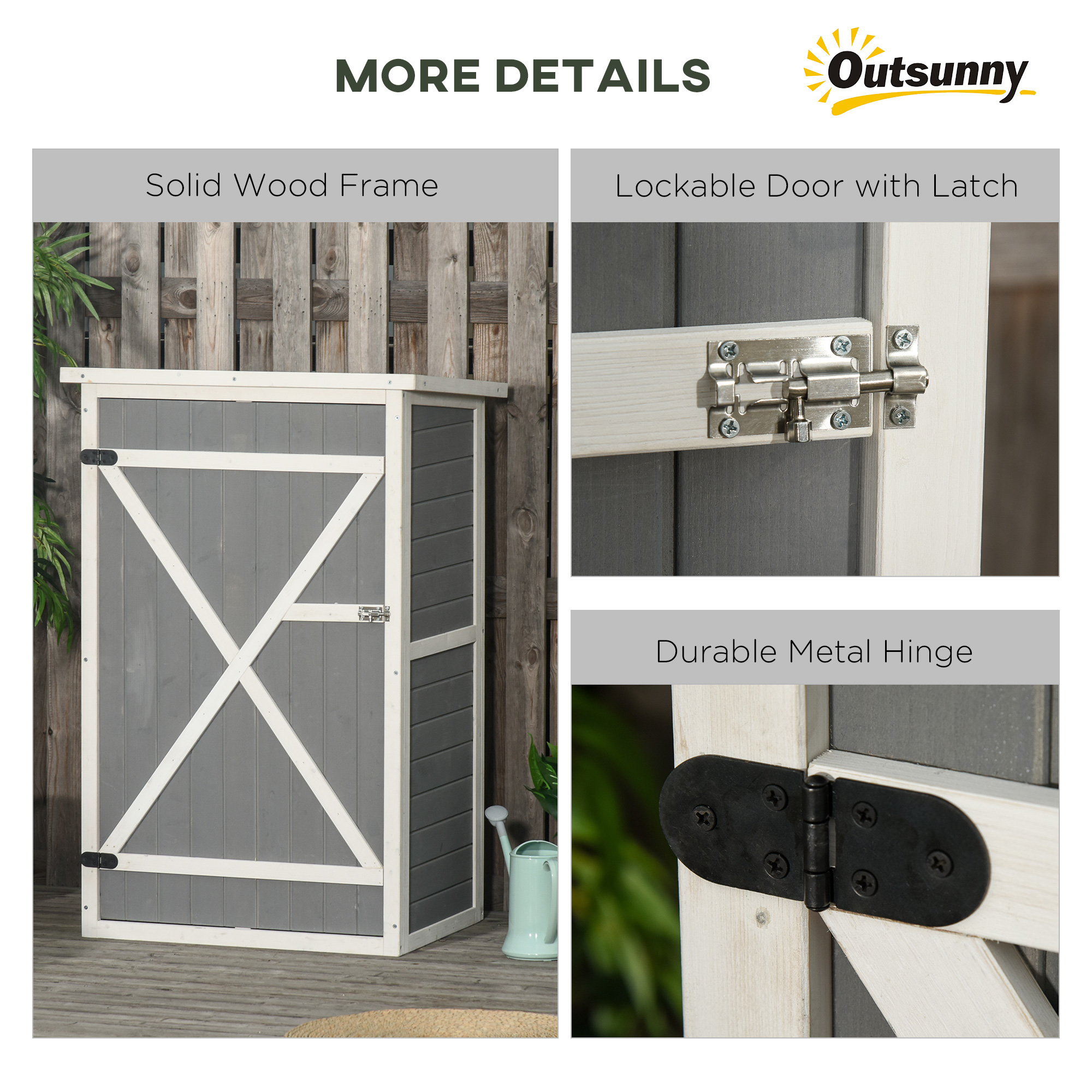 Outsunny Wooden Garden Storage Shed Fir Wood Tool Cabinet Organiser with Shelves 75L x 56W x115Hcm Grey