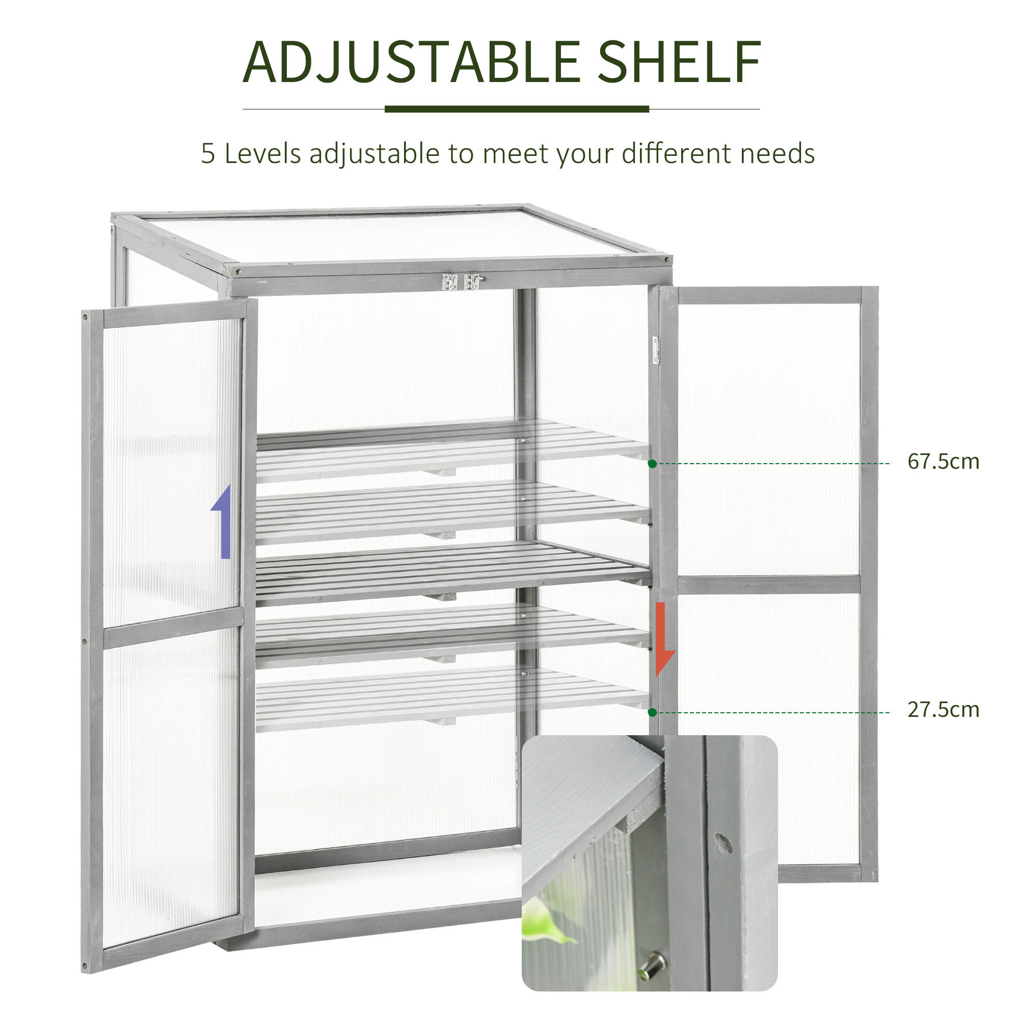 Outsunny Wooden Cold Frame Greenhouse Garden Polycarbonate Grow House w/ Adjustable Shelf, Double Doors, 76 x 47 x 110 cm, Grey