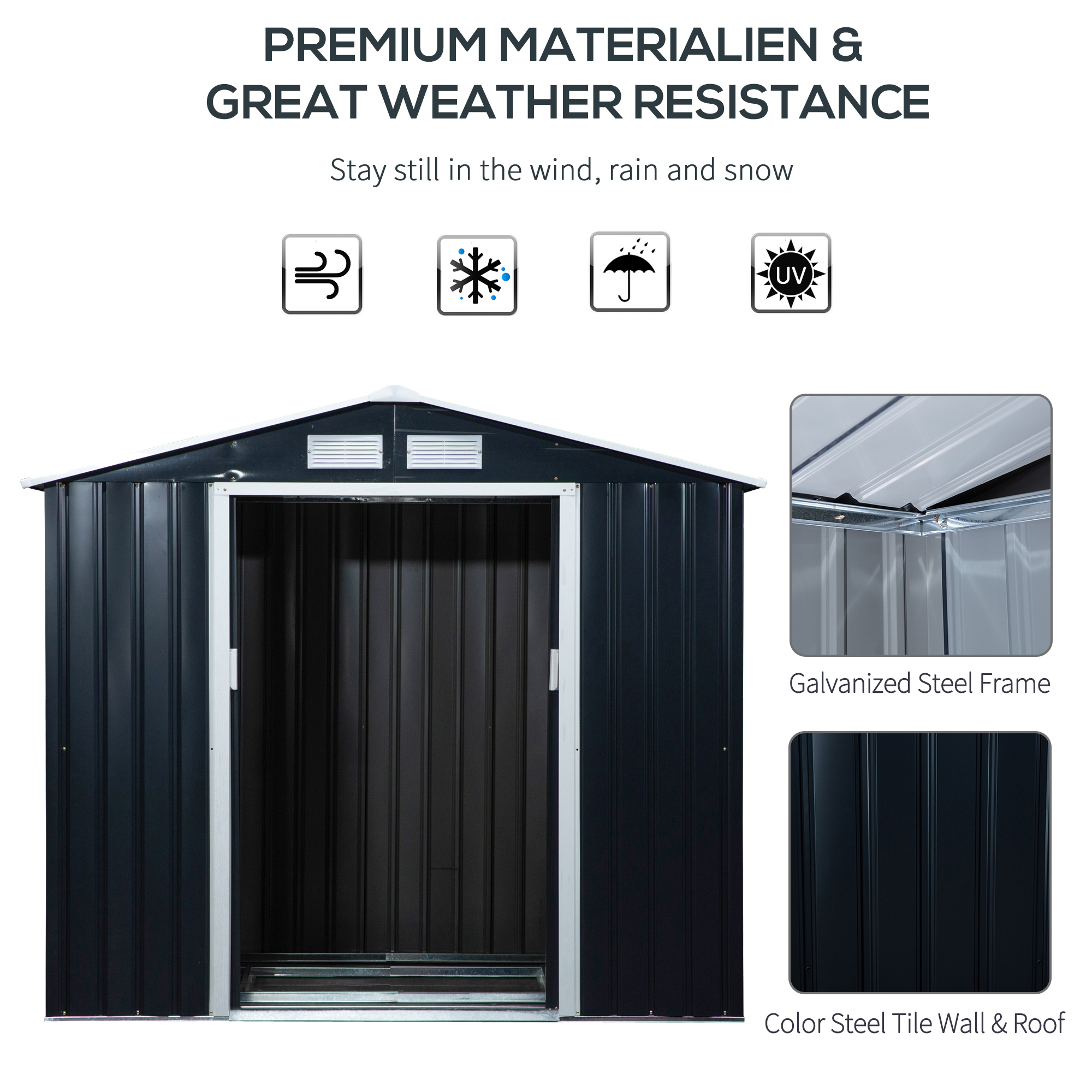 Outsunny Lockable Garden Shed Large Patio Roofed Tool Metal Storage Building Foundation Sheds Box Outdoor Furniture, 7ft x 4ft, Dark Grey