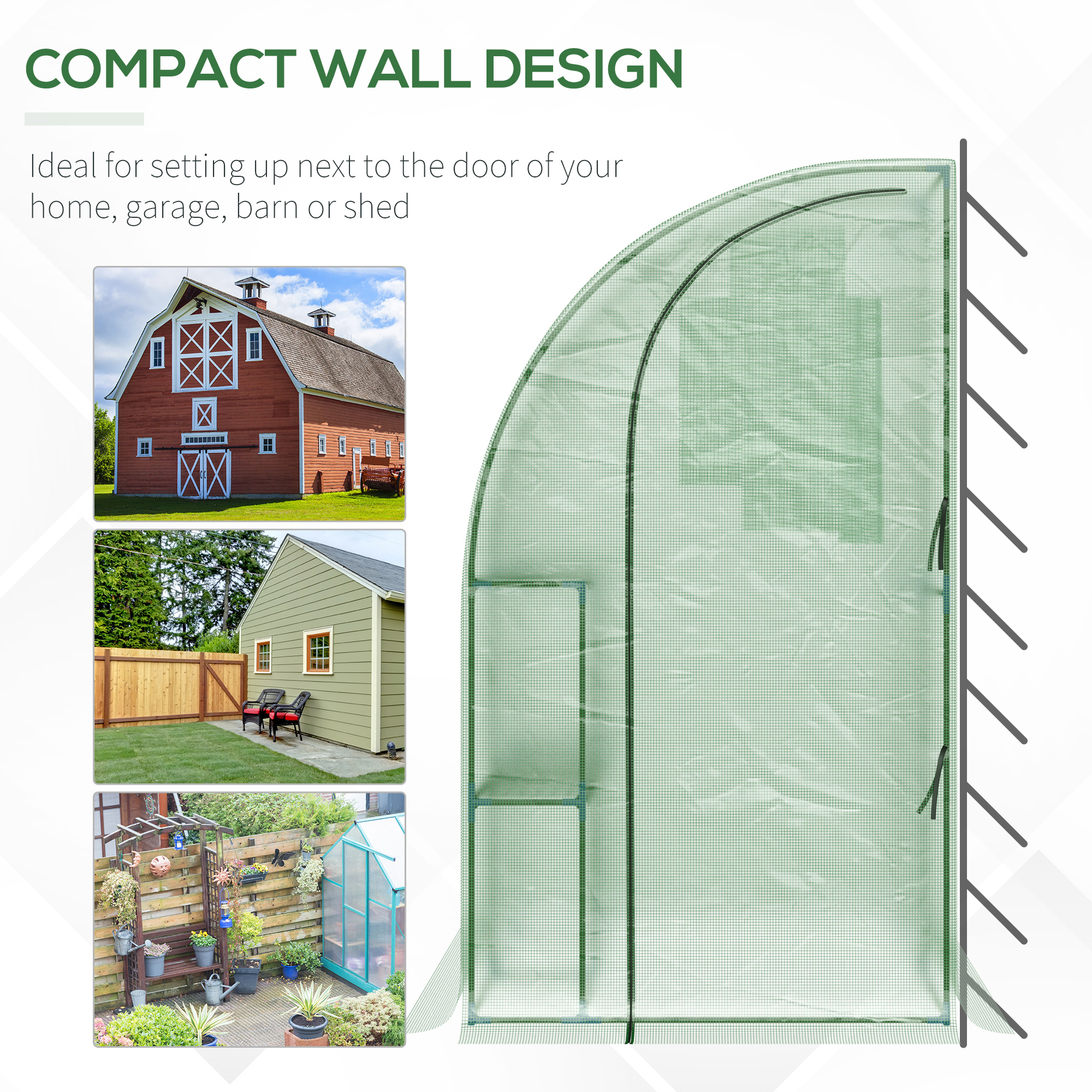 Outsunny Outdoor Walk-In Lean to Wall Tunnel Greenhouse with Zippered Roll Up Door PE Cover Green 214L x 120W x 215Hcm