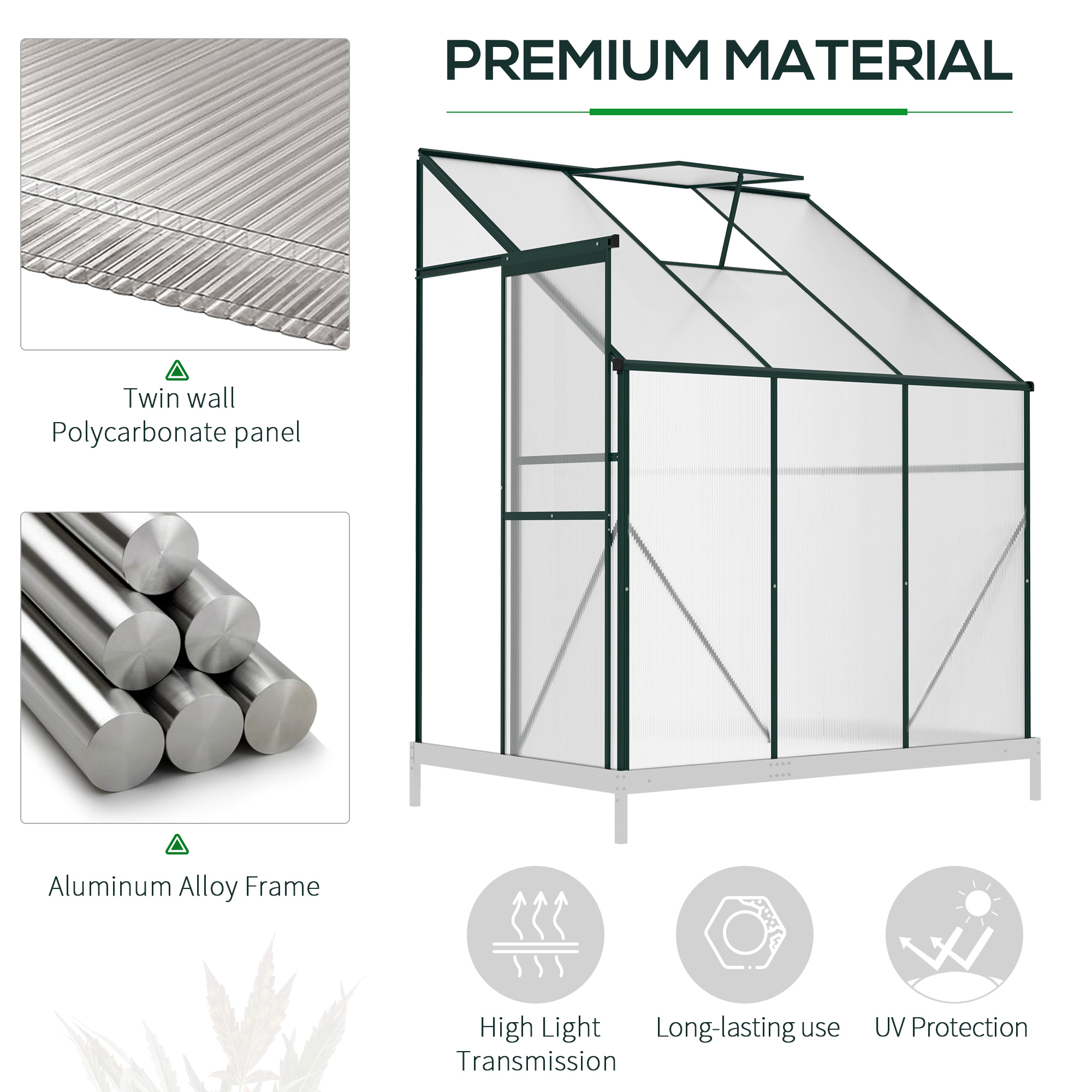 Outsunny Walk-In Lean to Greenhouse Garden Heavy Duty Aluminium Polycarbonate with Roof Vent for Plants Herbs Vegetables, Green, 192 x 127 x 220 cm