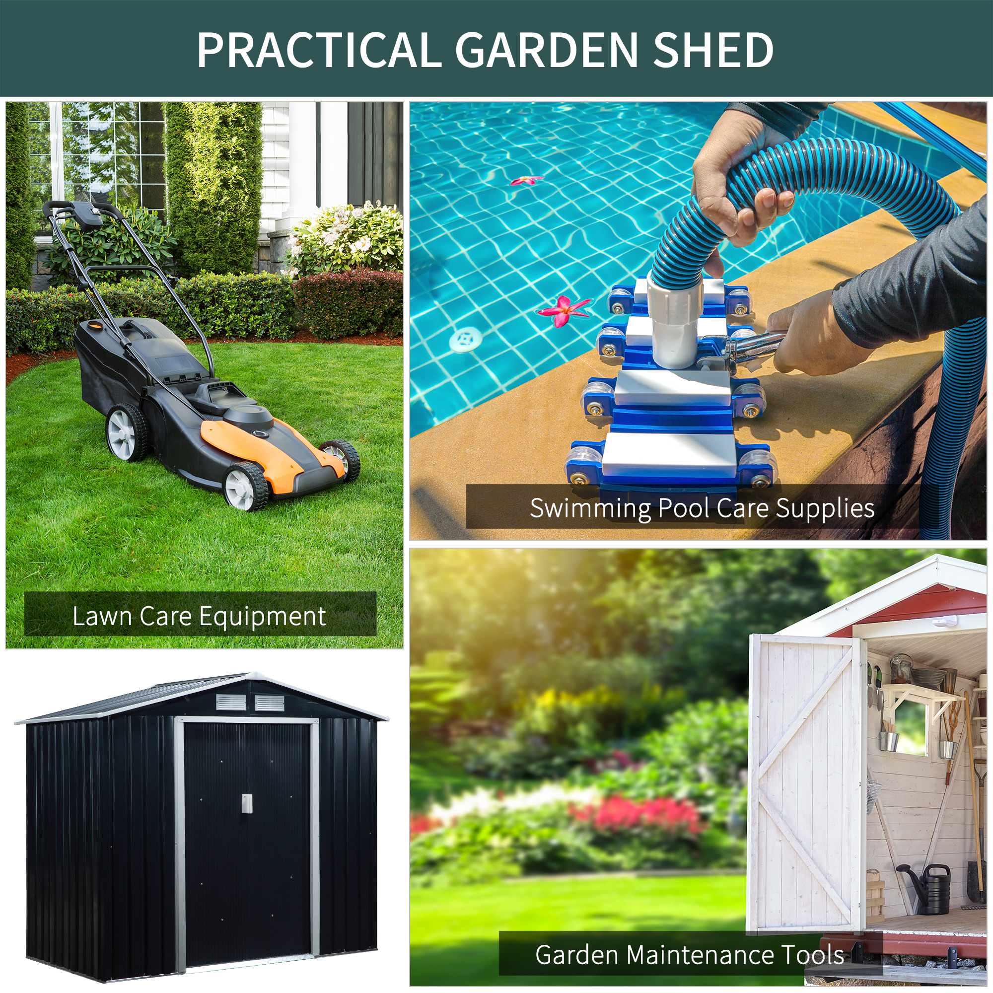 Outsunny Lockable Garden Shed Large Patio Roofed Tool Metal Storage Building Foundation Sheds Box Outdoor Furniture, 7ft x 4ft, Dark Grey