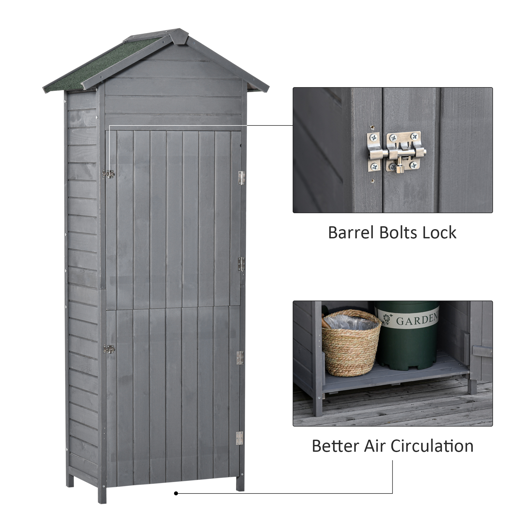 Outsunny Wooden Garden Storage Shed Timber Tool Cabinet Organiser w/ Tilted-felt Roof, Shelves, Lockable Doors, 189 x 82 x 49 cm, Grey