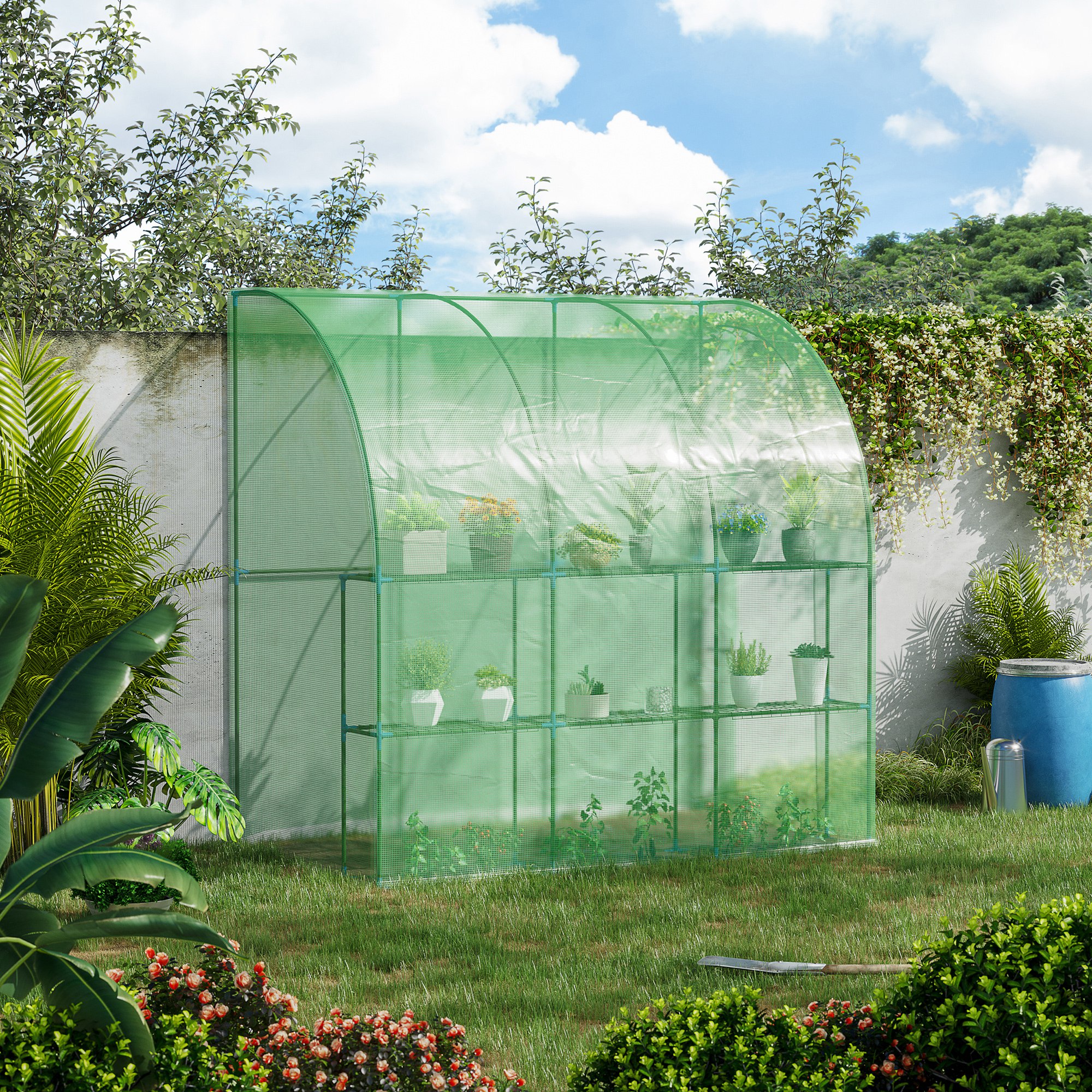 Outsunny Outdoor Walk-In Lean to Wall Tunnel Greenhouse with Zippered Roll Up Door PE Cover Green 214L x 120W x 215Hcm