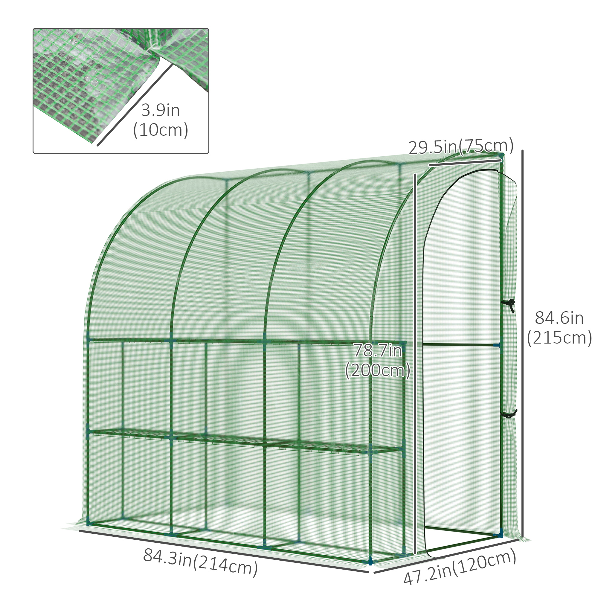 Outsunny Outdoor Walk-In Lean to Wall Tunnel Greenhouse with Zippered Roll Up Door PE Cover Green 214L x 120W x 215Hcm
