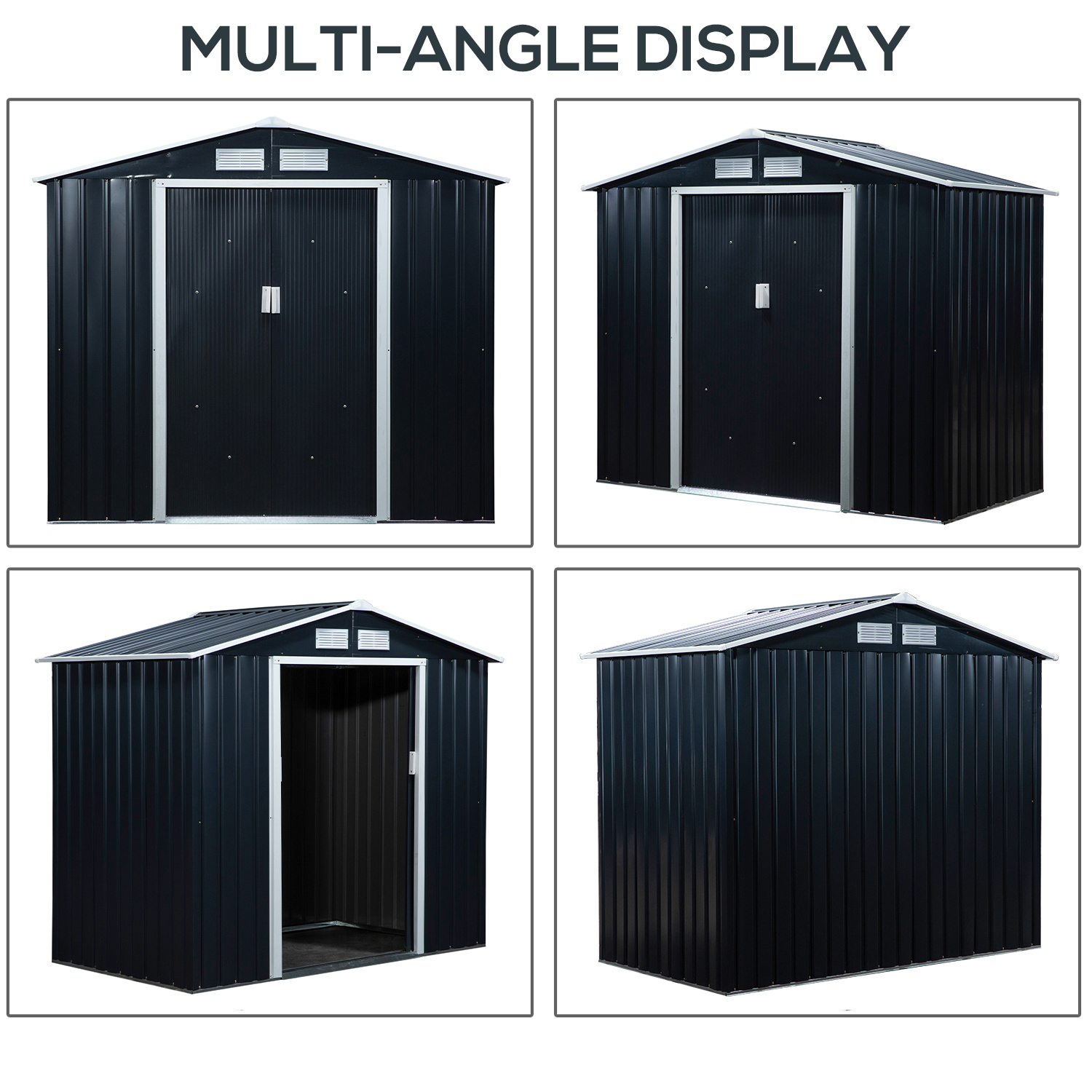 Outsunny Lockable Garden Shed Large Patio Roofed Tool Metal Storage Building Foundation Sheds Box Outdoor Furniture, 7ft x 4ft, Dark Grey