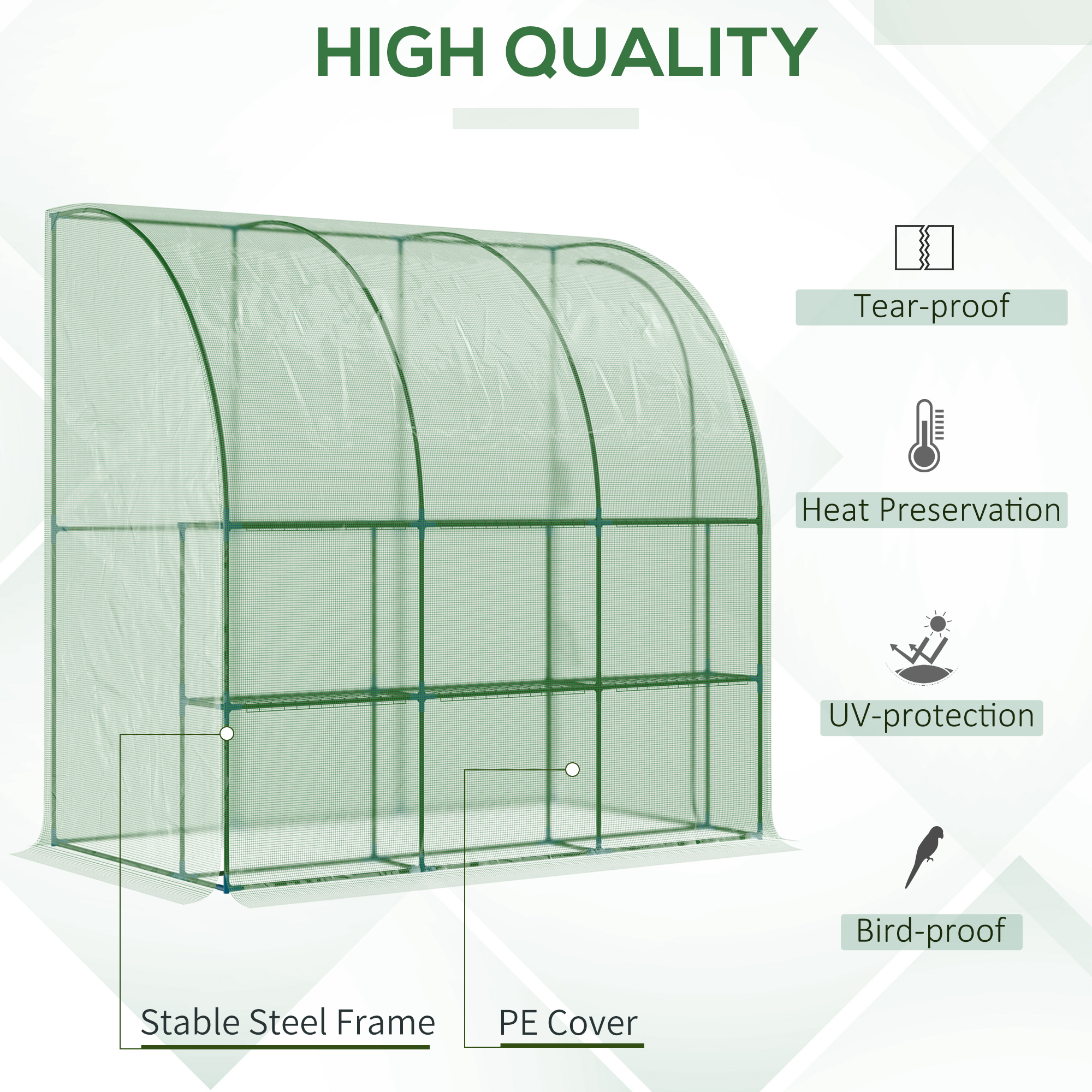 Outsunny Outdoor Walk-In Lean to Wall Tunnel Greenhouse with Zippered Roll Up Door PE Cover Green 214L x 120W x 215Hcm