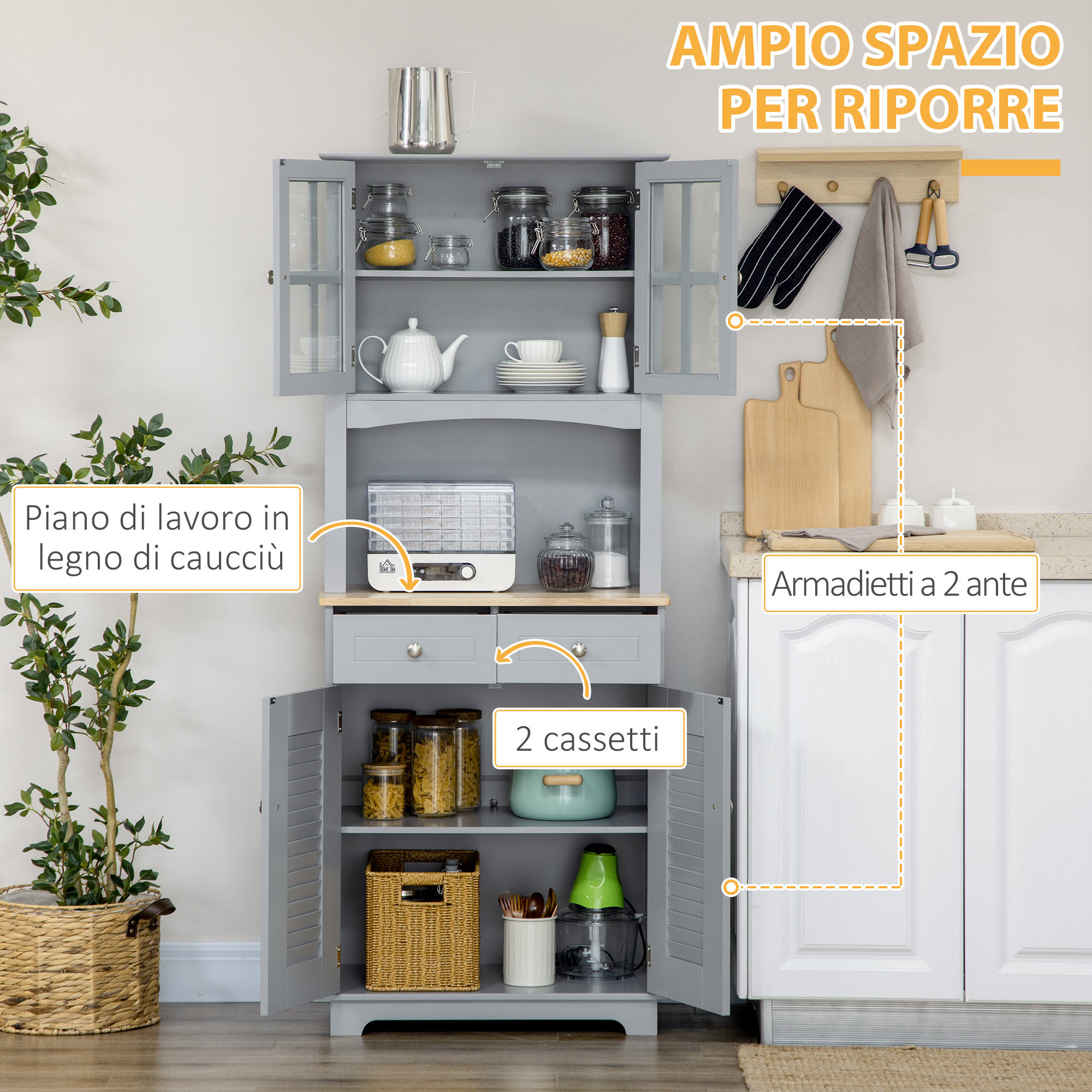 Credenza Con Ante Scorrevoli A Tamburo | Grigio, Gambe In Legno | Per Soggiorno O Sala Da Pranzo