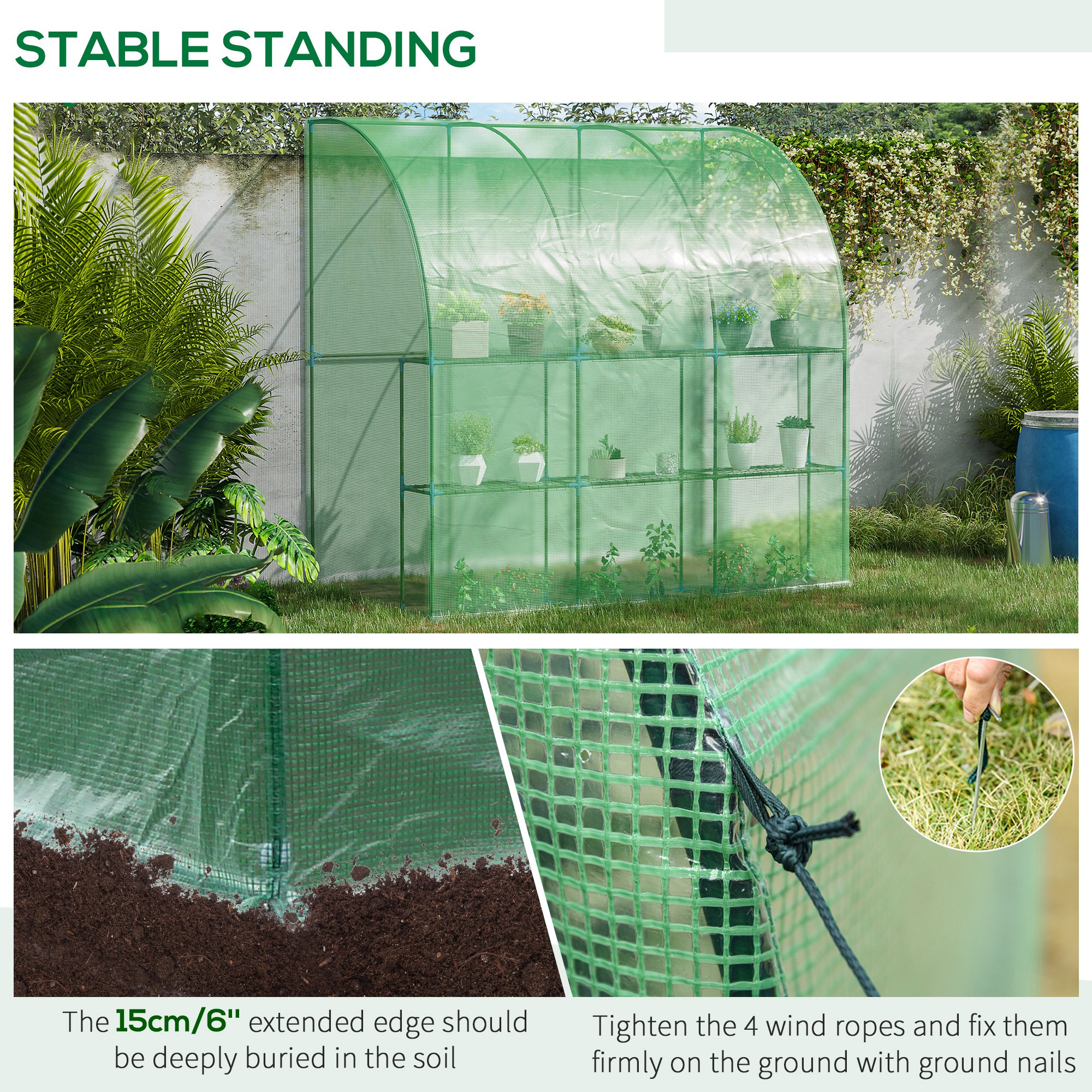 Outsunny Outdoor Walk-In Lean to Wall Tunnel Greenhouse with Zippered Roll Up Door PE Cover Green 214L x 120W x 215Hcm