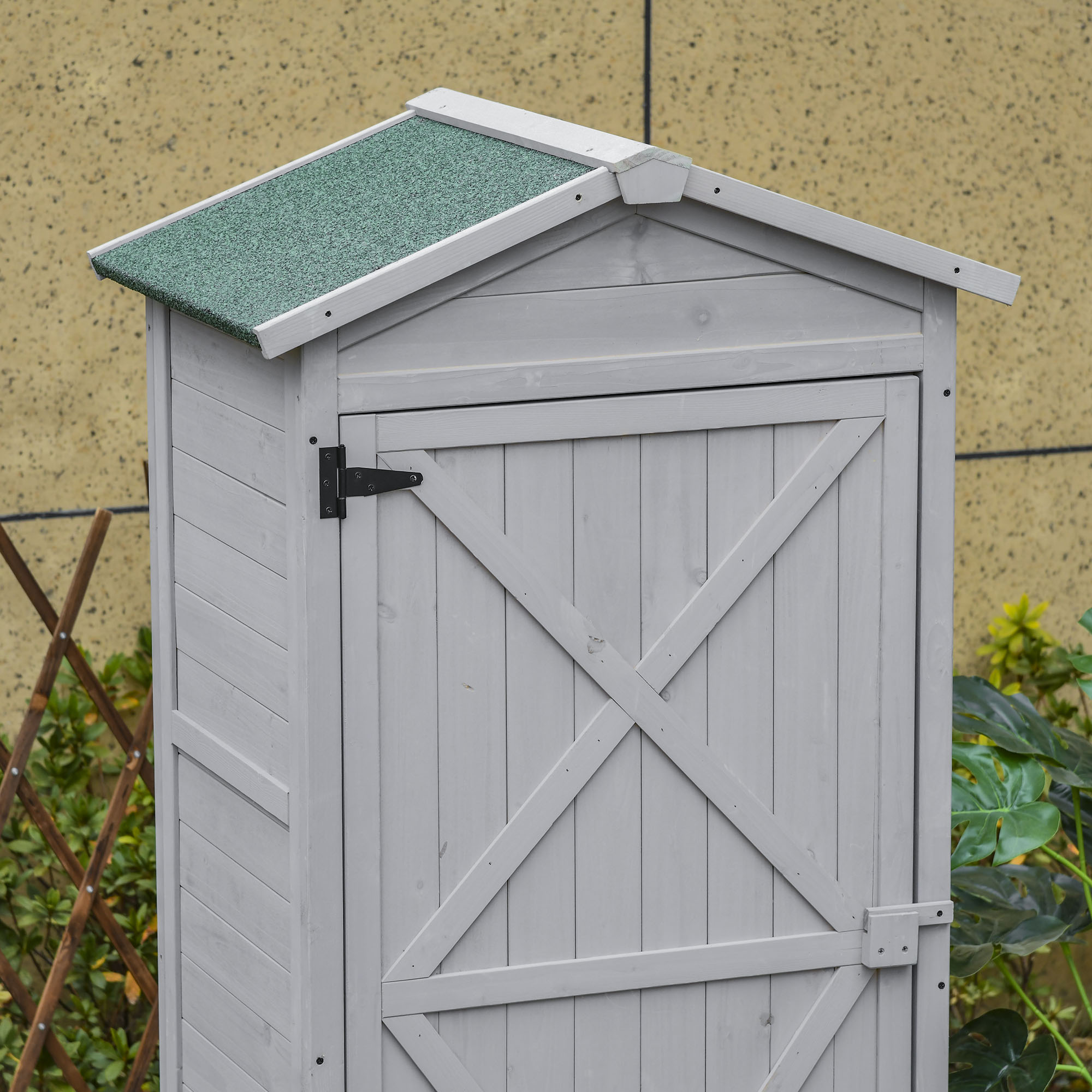 Outsunny Wooden Garden Cabinet 3-Tier Storage Shed 2 Shelves Lockable Organizer with Hooks Foot Pad 74 x 55 x 155cm Light Grey