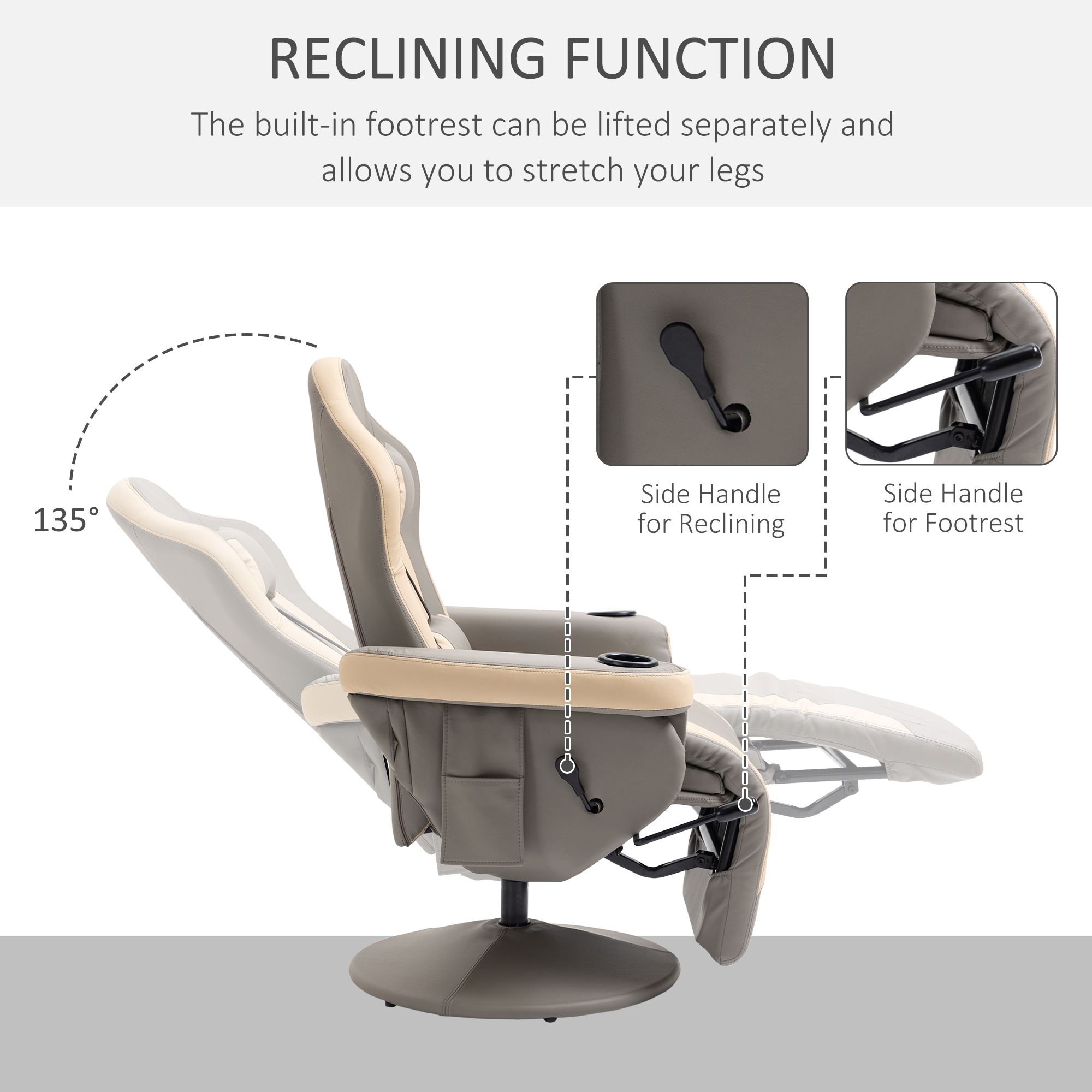 HOMCOM Manual Recliner Chair Armchair PU Leather Lounge Chair w/ Adjustable Leg Rest, 135Â° Reclining Function, 360Â° Swivel, Grey