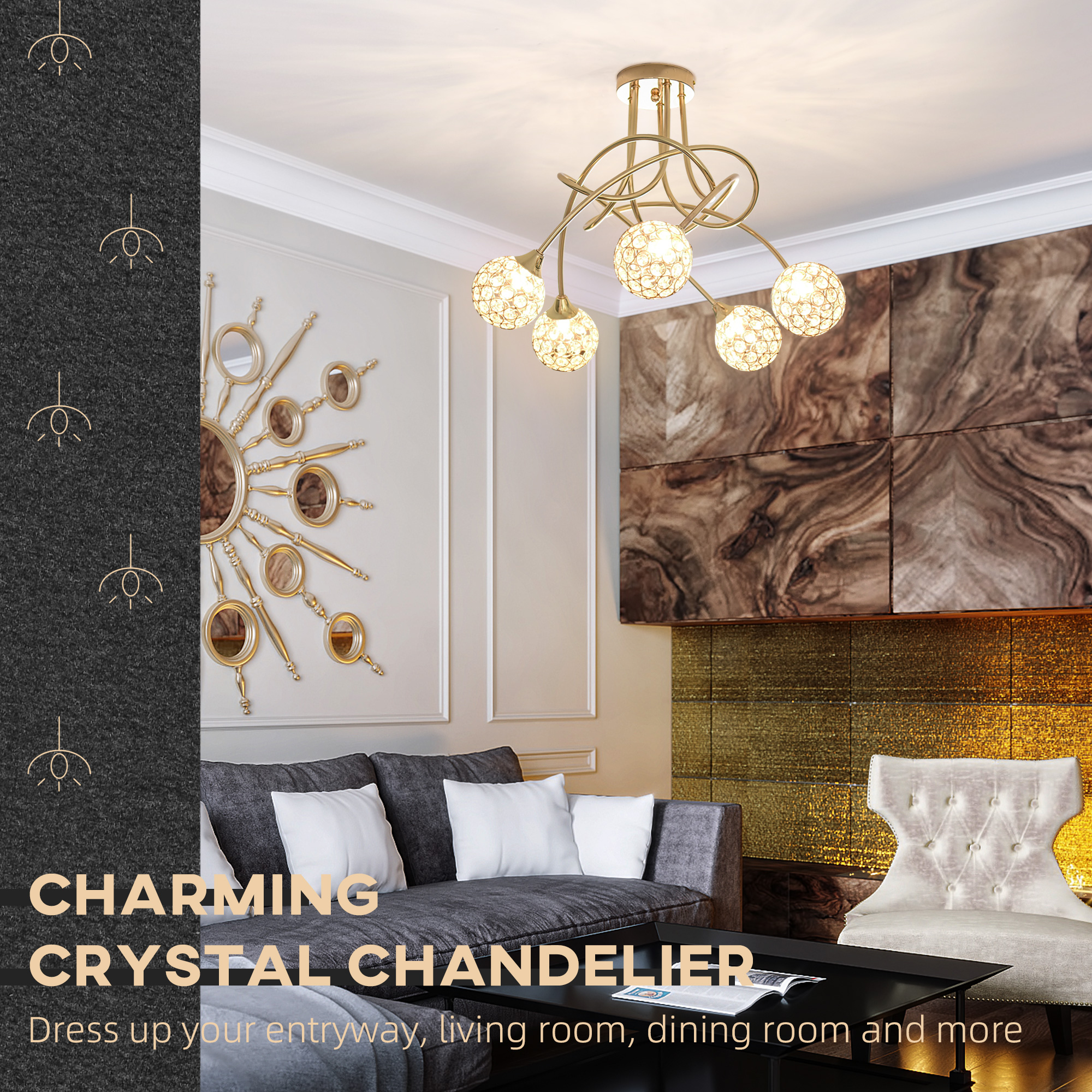 HOMCOM Crystal Chandelier Modern Pendant Light for Living Room with 5 Ball Lampshades 5 G9 Bulbs Required Gold Tone